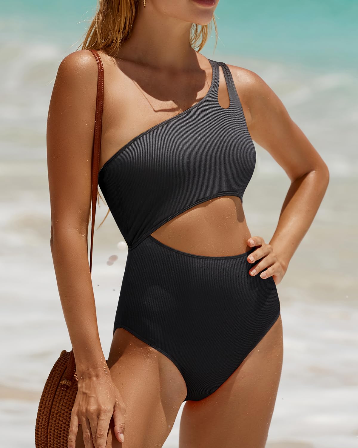 Yonique Women's One Shoulder Cutout Monokini Swimsuits - Sexy Ribbed Bathing Suit for Beach & Pool | 2025 Trendy One Piece Swimwear for Vacation & Summer