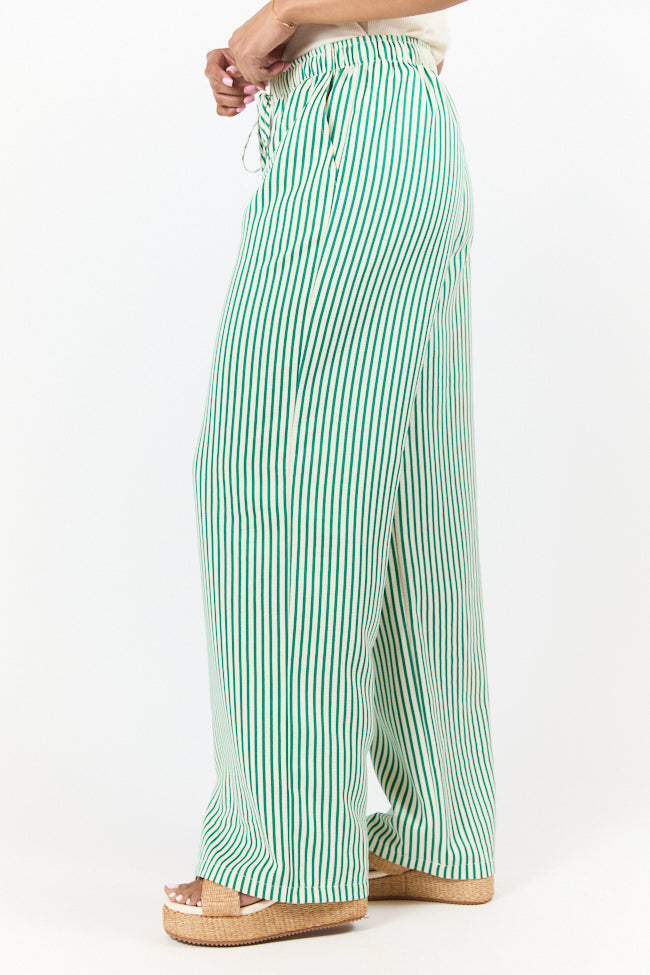 Shoreline Serenity Green Textured Stripe Pull On Pants for Women - Comfortable Elastic Waist Lounge Pants - Perfect for Yoga, Travel & Relaxing at Home