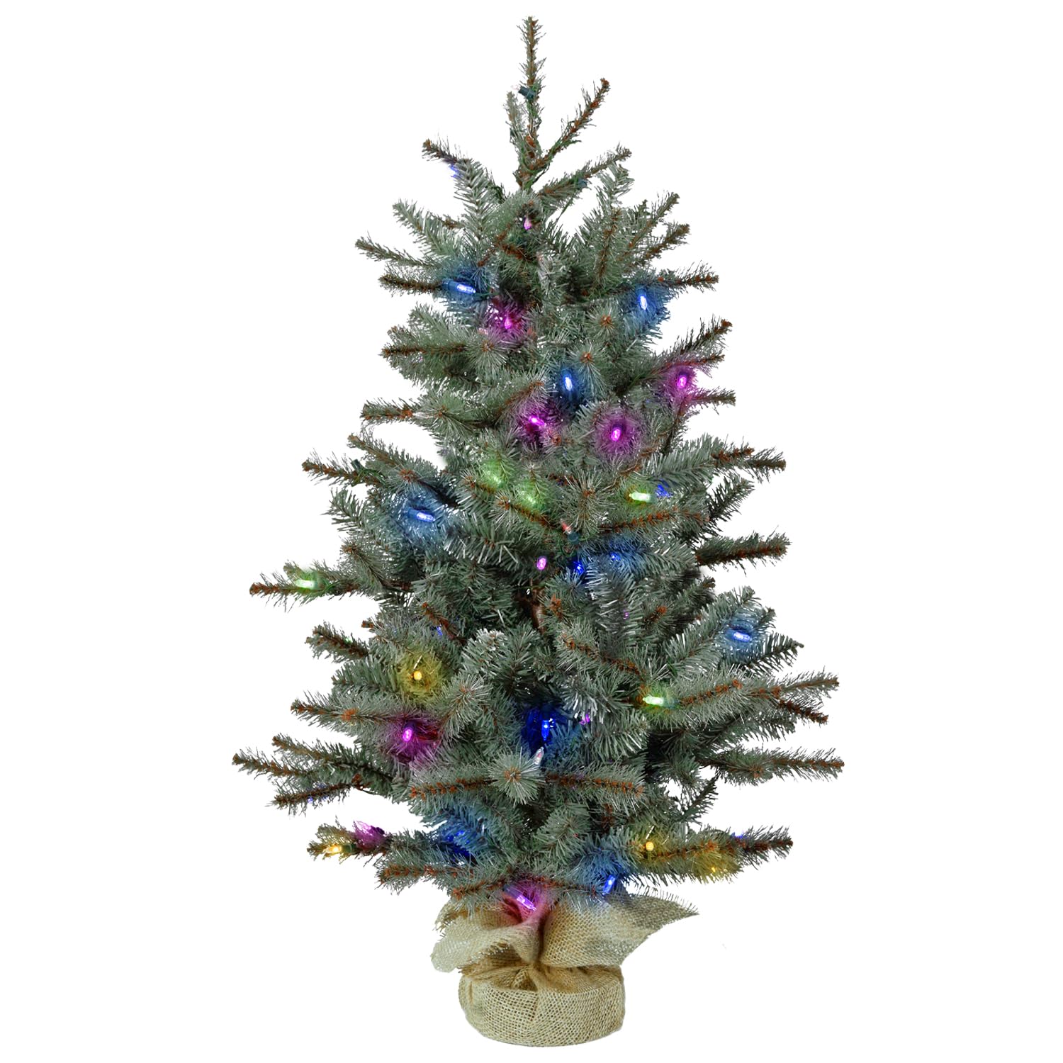 Fraser Hill Farm 2-Foot Pre-Lit Heritage Pine Artificial Christmas Tree with Multi-Color LED Lights in Burlap Bag - Perfect for Home, Office, and Holiday Decorations
