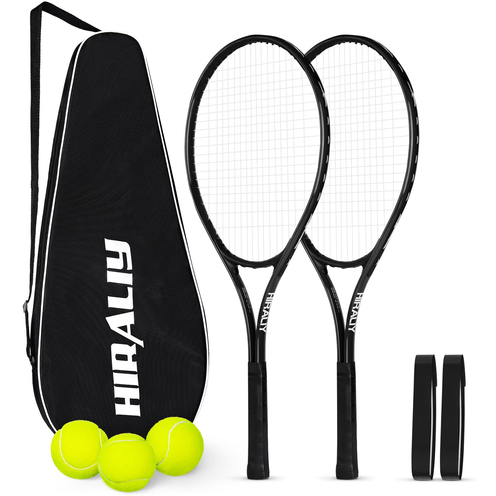 HIRALIY 27 Inch Lightweight Tennis Rackets Set for Adults & Beginners - 2 Player Recreational Tennis Racquets with 3 Balls, 2 Overgrips & Carry Bag - Perfect for Outdoor Training, School Sports & Backyard Games