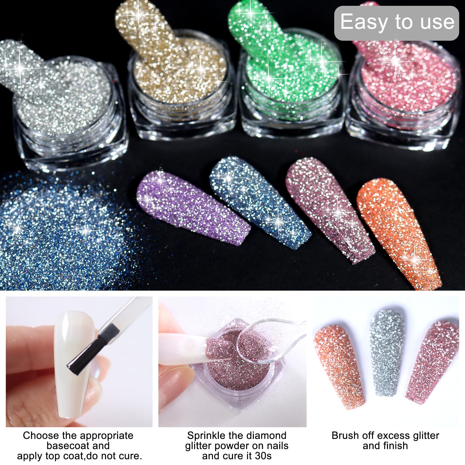 SIUSIO 8 Colors Diamond Nail Glitter Set - Reflective Glitter Dust & Shiny Sugar Nail Powder for Gel Polish Nail Art - Perfect for Disco Party, Nightclub, Wedding & DIY Nail Crafts
