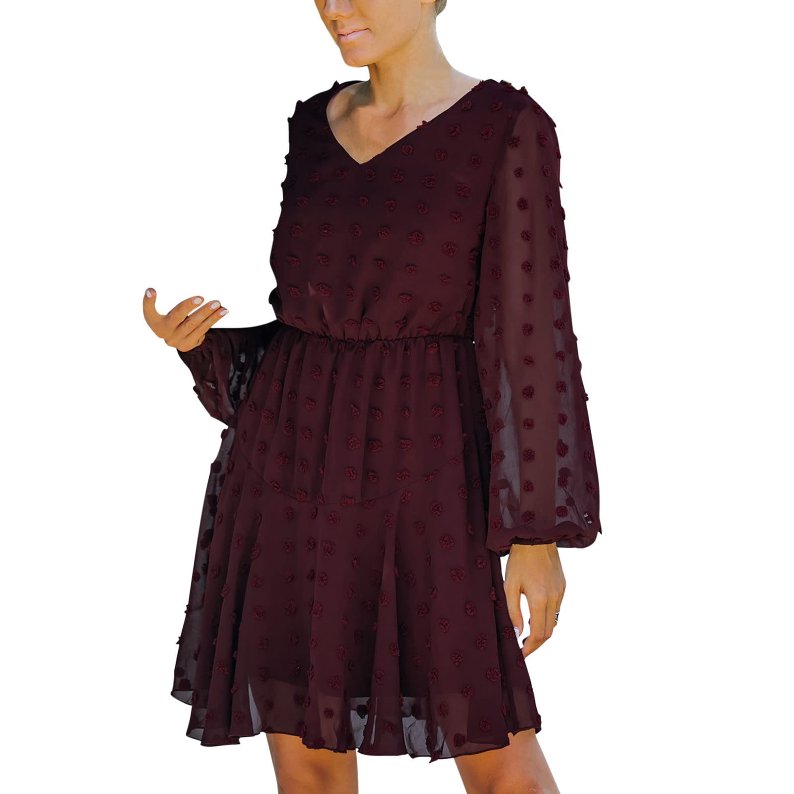 Elegant Floral Jacquard Mini Dress for Women - V-Neck Long Sleeve Summer Wedding Guest Dress with Flowy Dot Design | Perfect for Cocktail Parties, Bridal Showers & Date Nights
