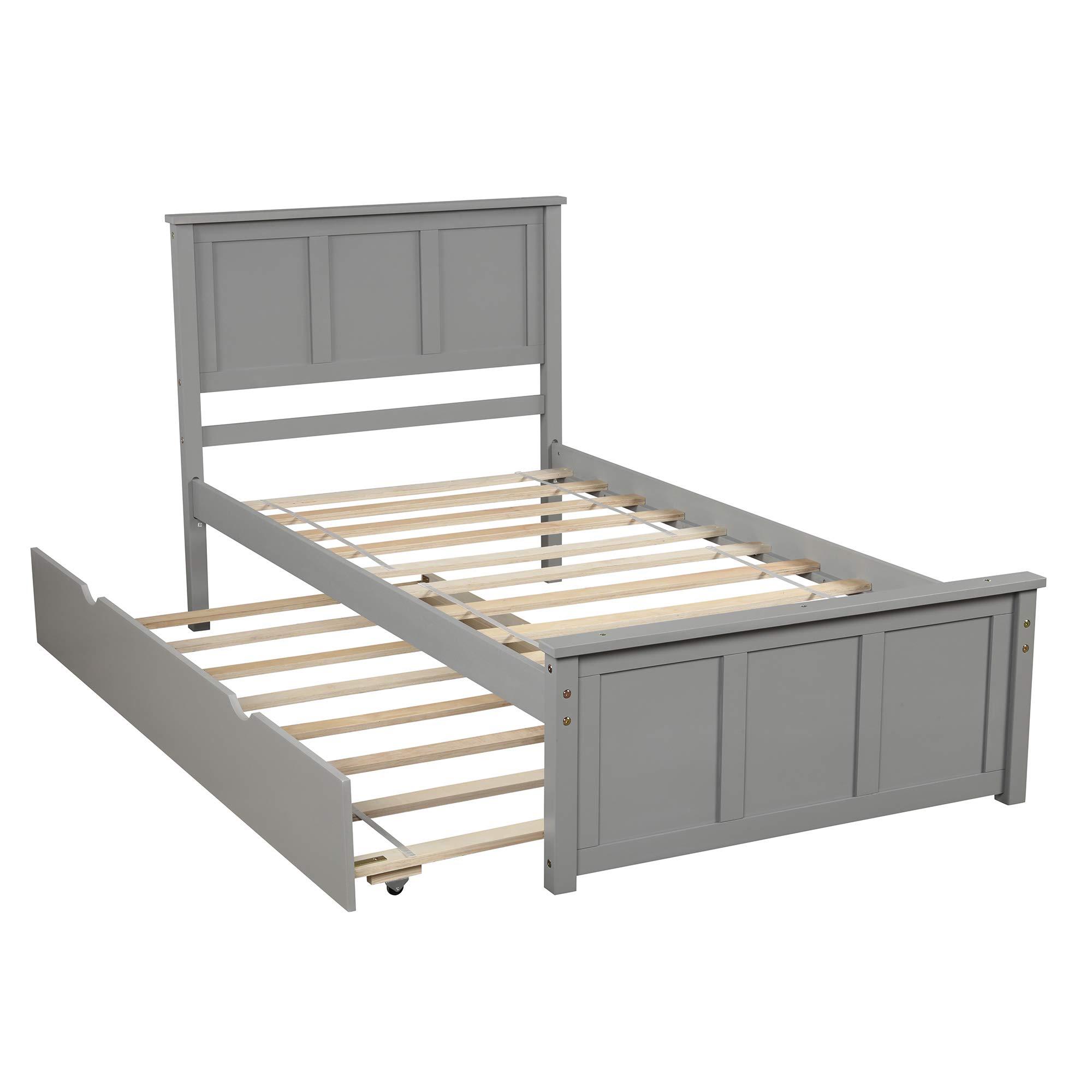 SOFTSEA Twin Size Wooden Platform Bed Frame with Headboard & Trundle - No Box Spring Required, Space-Saving Gray Bedroom Furniture - Perfect for Kids Rooms, Guest Rooms & Small Apartments