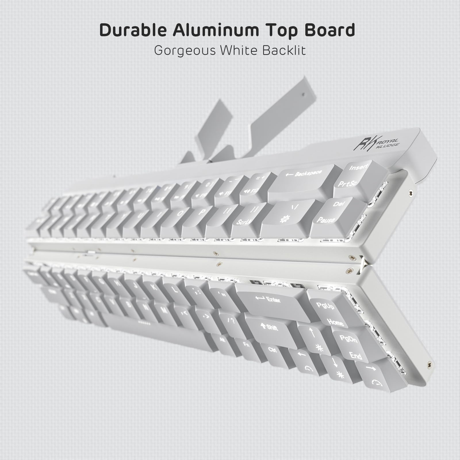 RK ROYAL KLUDGE F68 60% Foldable Wireless Mechanical Keyboard - Low Profile Aluminum Body with Built-in Stand, White Backlit, 68 Keys, Tactile Brown Switch - Perfect for Office, Gaming & Travel
