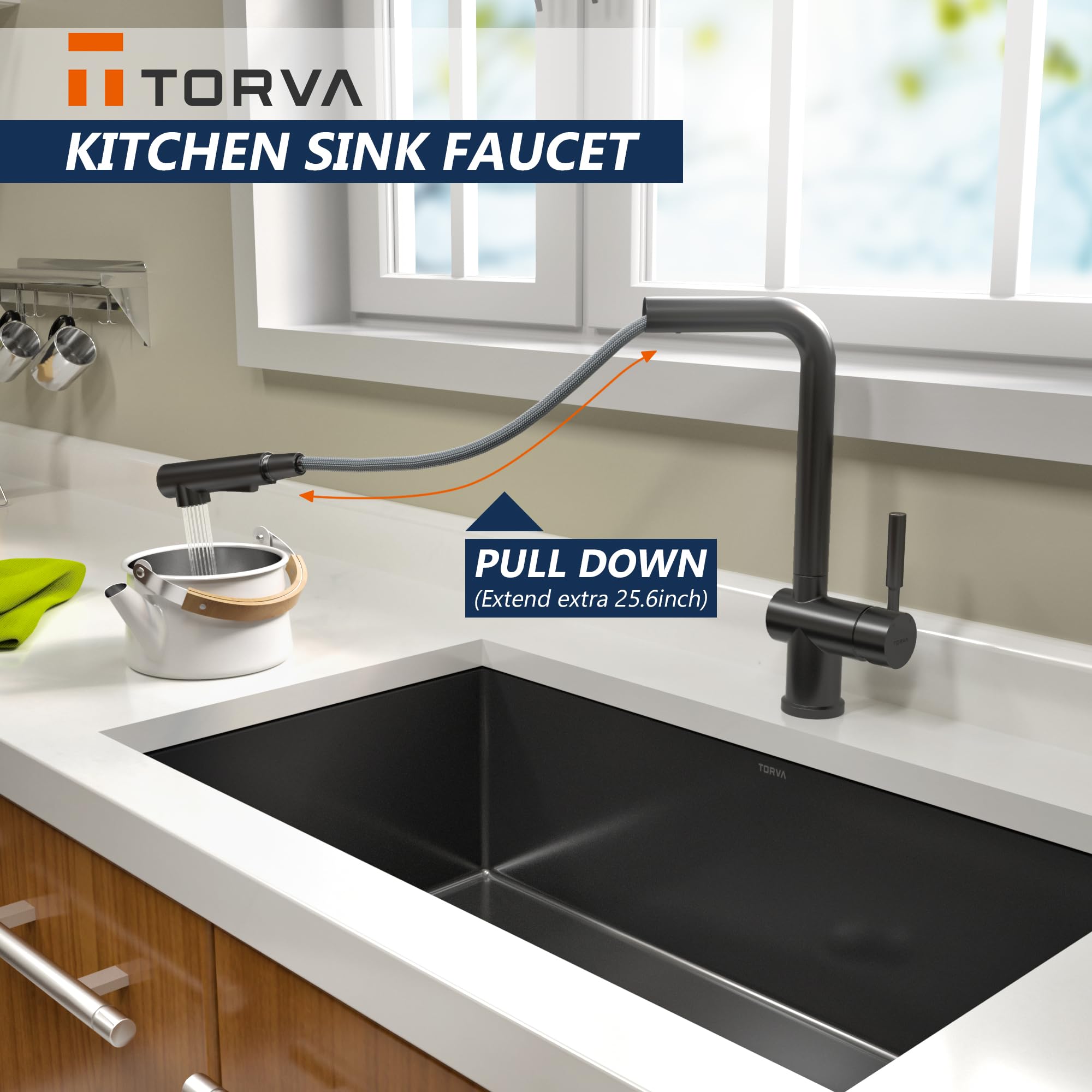 TORVA Matte Black Kitchen Faucet with Pull Down Sprayer - Stainless Steel Single Handle Sink Faucet for Modern Kitchens | Perfect for Cooking, Washing Dishes & Food Prep