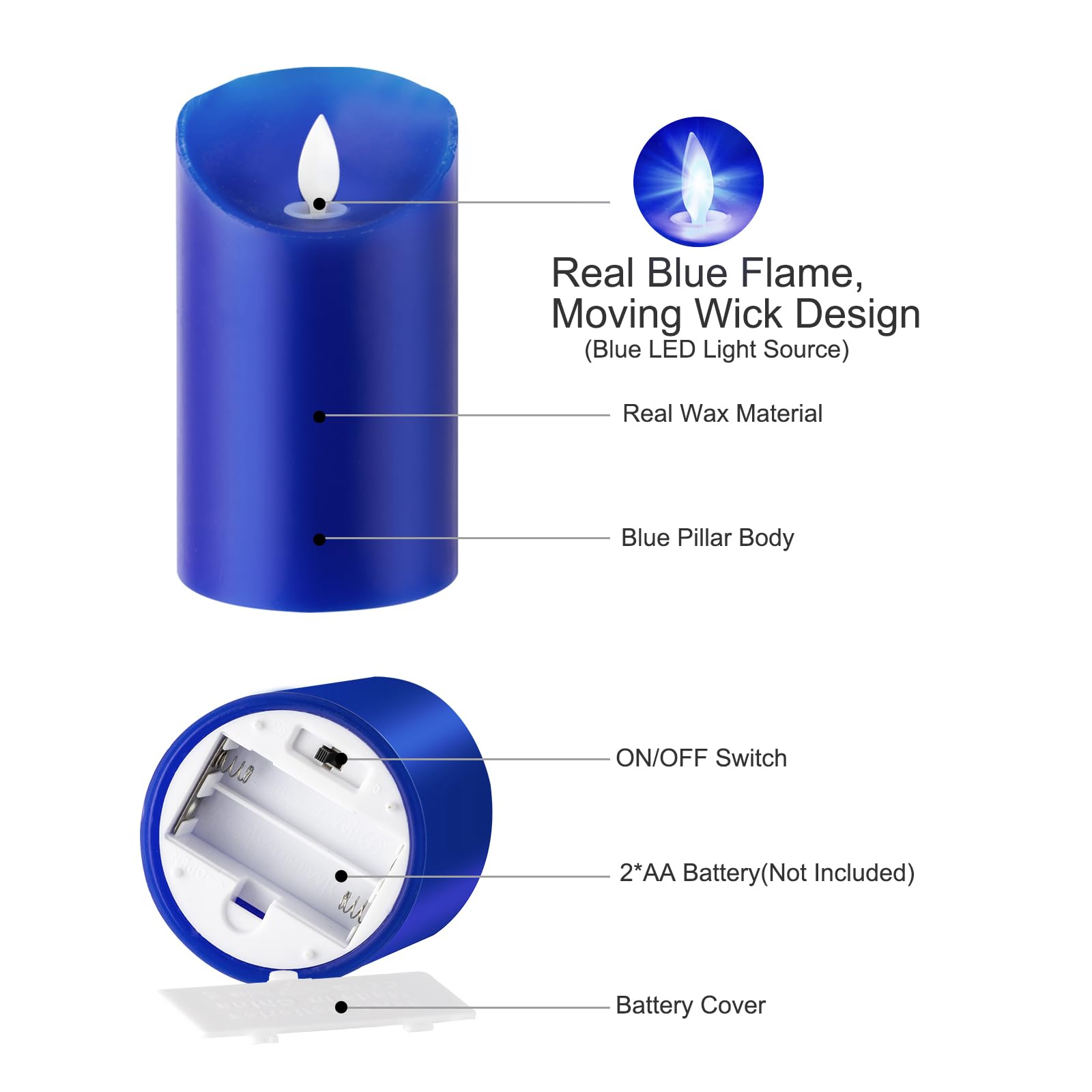 Blue Flame LED Candles with Moving Wick - Real Wax Battery Operated Flameless Candles with Remote Control, Timer & Dimmer - Perfect for Home Decor, Weddings, and Relaxation