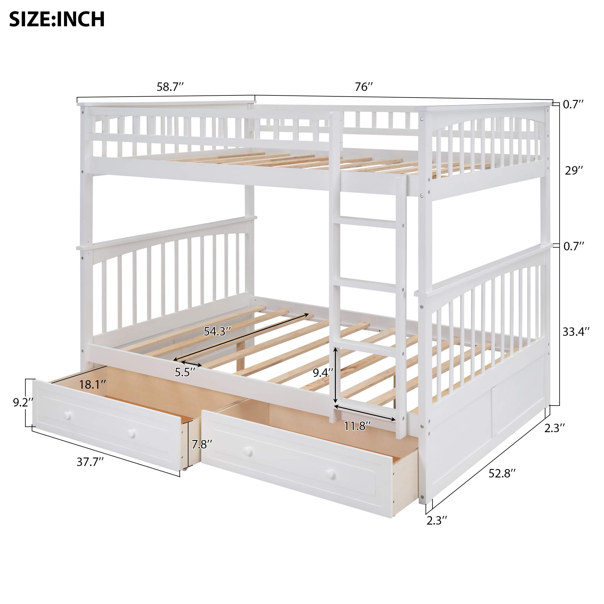 Solid Wood Full Over Full Bunk Bed with Storage Drawers & Ladder - Convertible to Twin Daybeds for Kids & Guest Rooms
