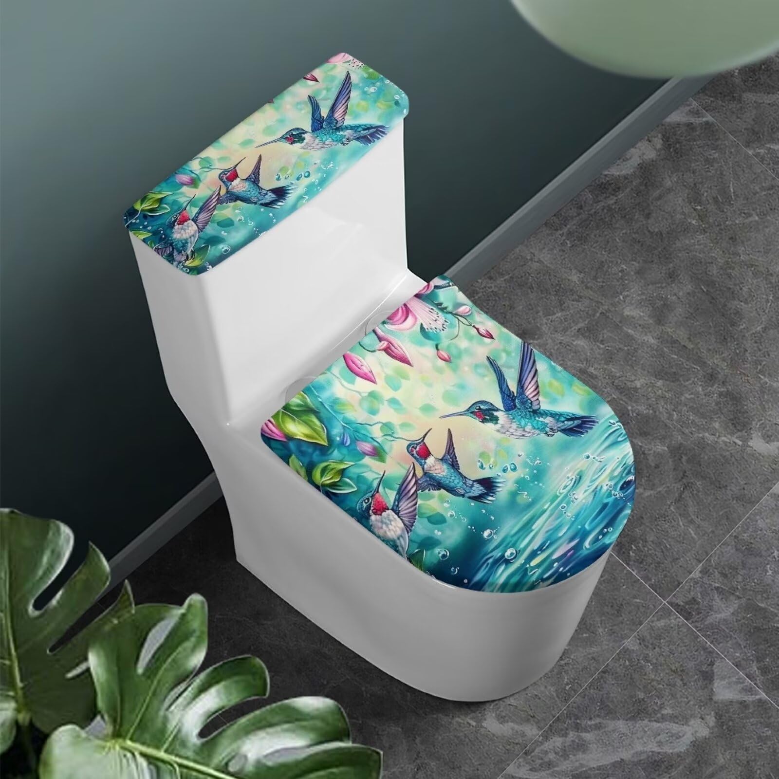 Hummingbird Toilet Lid Dust Cover & Tank Cover - Stretchable, Washable, Reusable Bathroom Toilet Seat Cover - Easy to Clean for Home, RV, and Guest Bathrooms