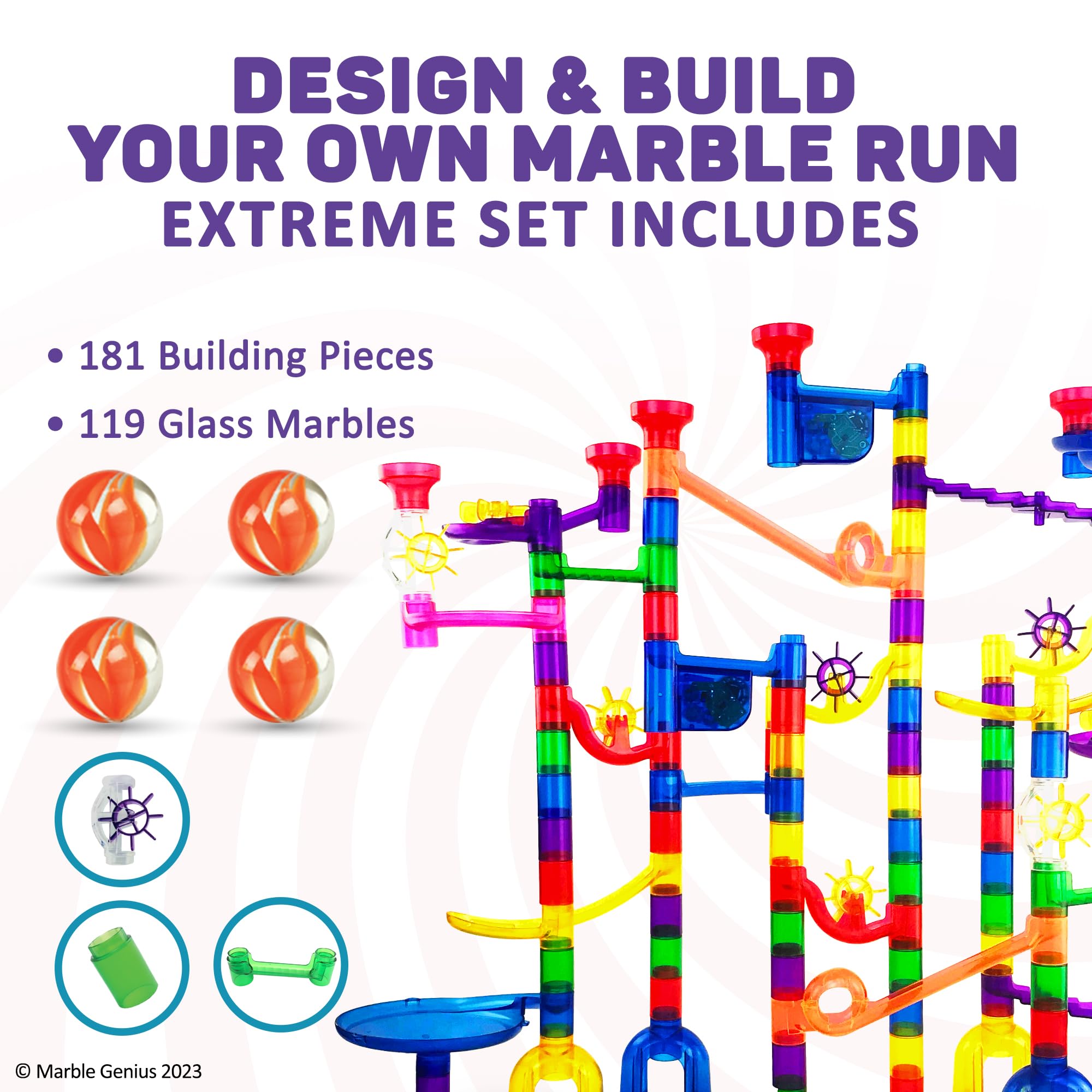 Marble Genius Marble Run Extreme Set - 300 Piece Marble Maze Track for Kids, Teens & Adults (181 Translucent Marbulous Pieces + 119 Glass Marbles) | STEM Educational Toy for Ages 4-8 | Perfect for Birthday Gifts, Classroom Activities & Family Game Night