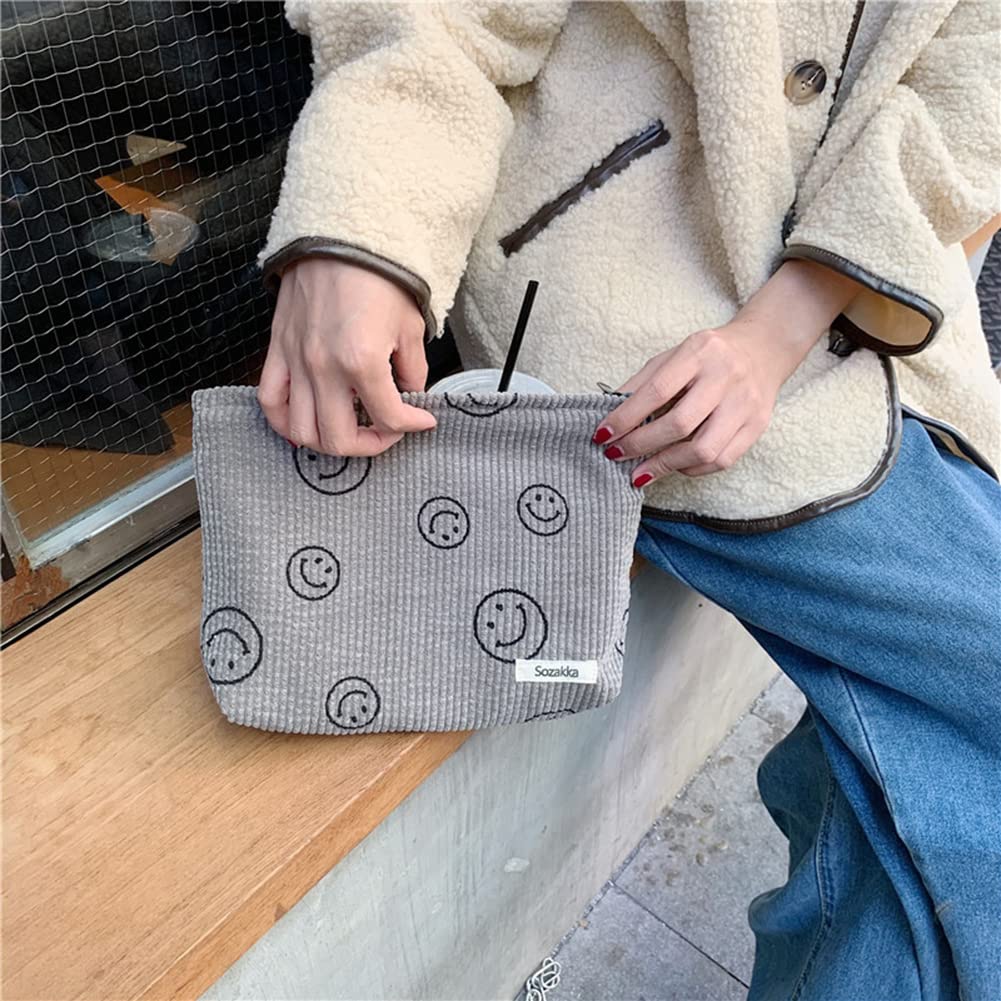 Corduroy Makeup Bag with Zipper - Cute Smile Print Cosmetic Pouch for Women & Girls | Travel Organizer, Sanitary Storage, Gift Idea