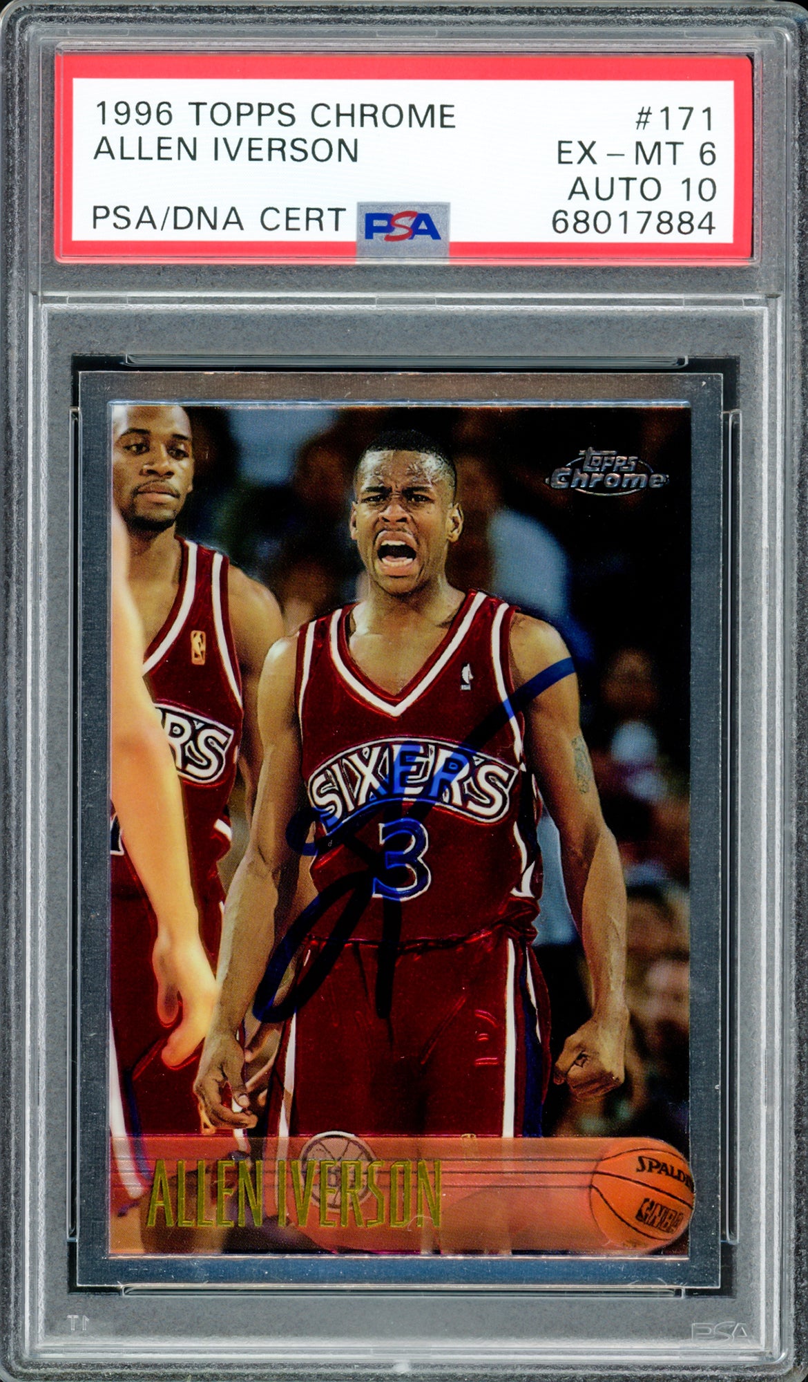 Allen Iverson Autographed 1996-97 Topps Chrome Rookie Card #171 - Philadelphia 76ers - PSA 6 Auto Grade Gem Mint 10 - PSA/DNA #68017884 - Perfect for NBA Collectors & Sports Memorabilia Enthusiasts