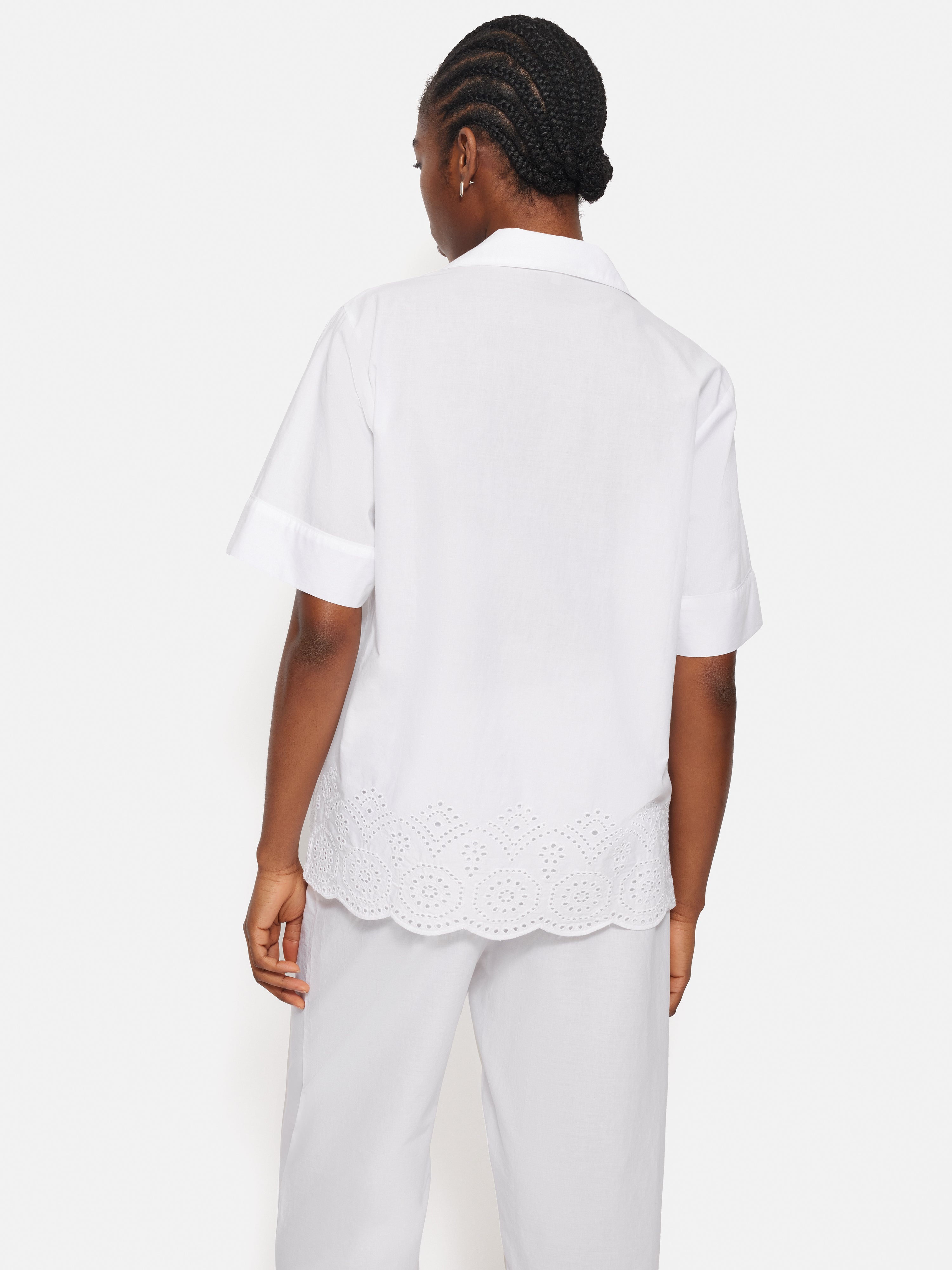 Broderie Anglaise Short Sleeve Cotton Pajama Top for Women - Breathable White Sleepwear for Summer Nights & Relaxing at Home