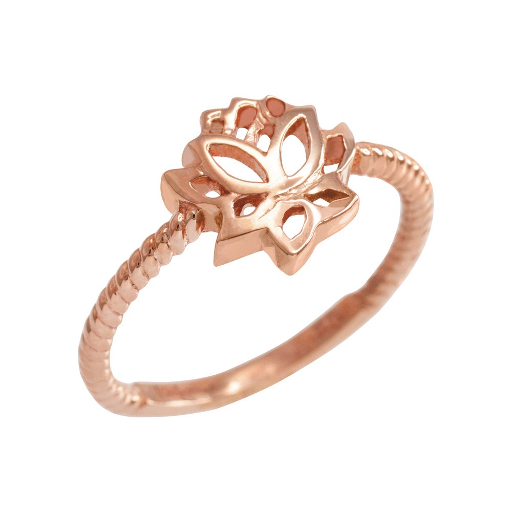 14K Rose Gold Dainty Beaded Band Lotus Flower Ring for Women - Elegant Stackable Boho Jewelry for Everyday Wear, Wedding, Anniversary & Gift Giving