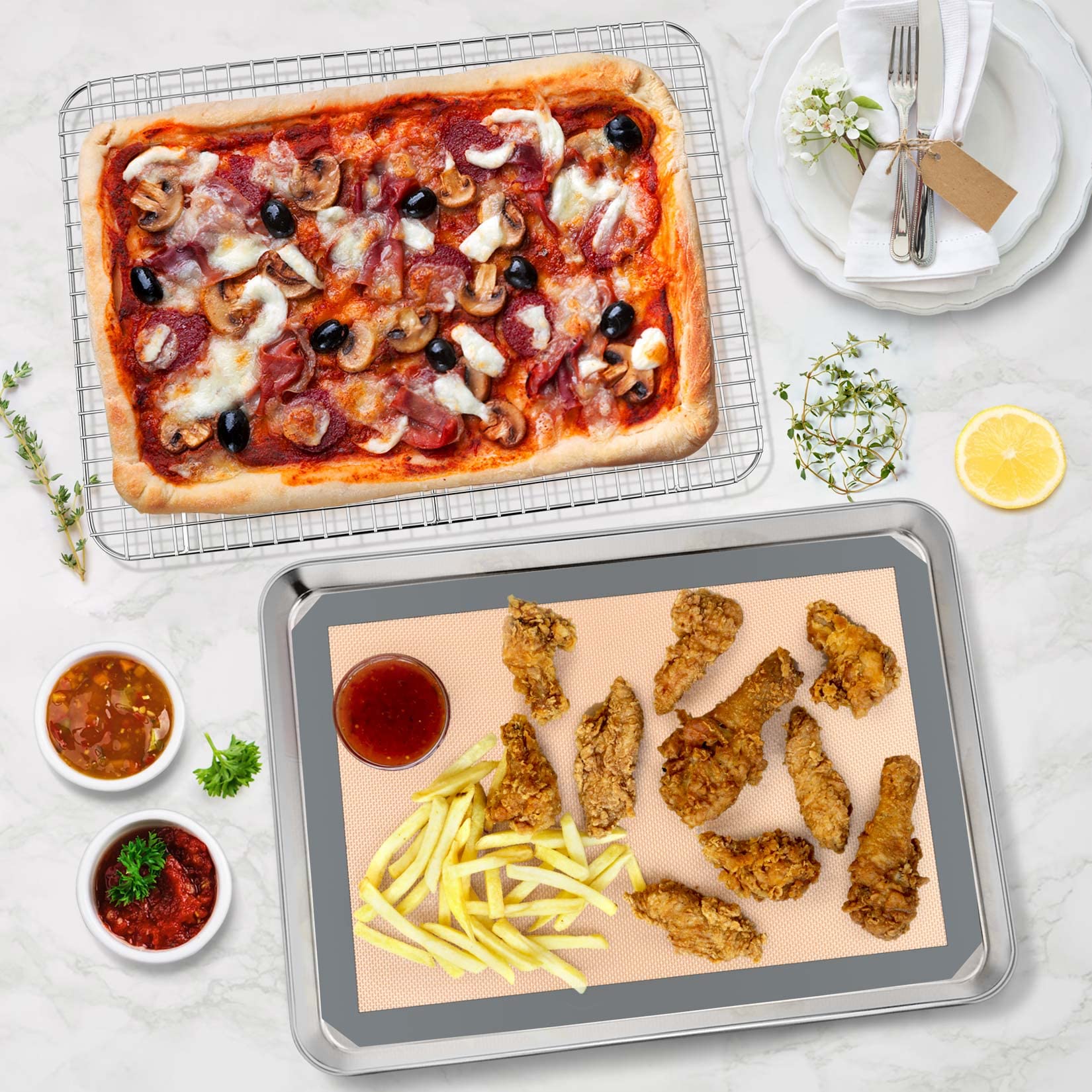 P&P CHEF 3-Piece Stainless Steel Toaster Oven Pan Set with Grid Rack & Silicone Mat - 16x12x1 Inch Baking Tray, Roasting Rack - Dishwasher Safe - Perfect for Baking, Roasting & Meal Prep in Toaster Ovens