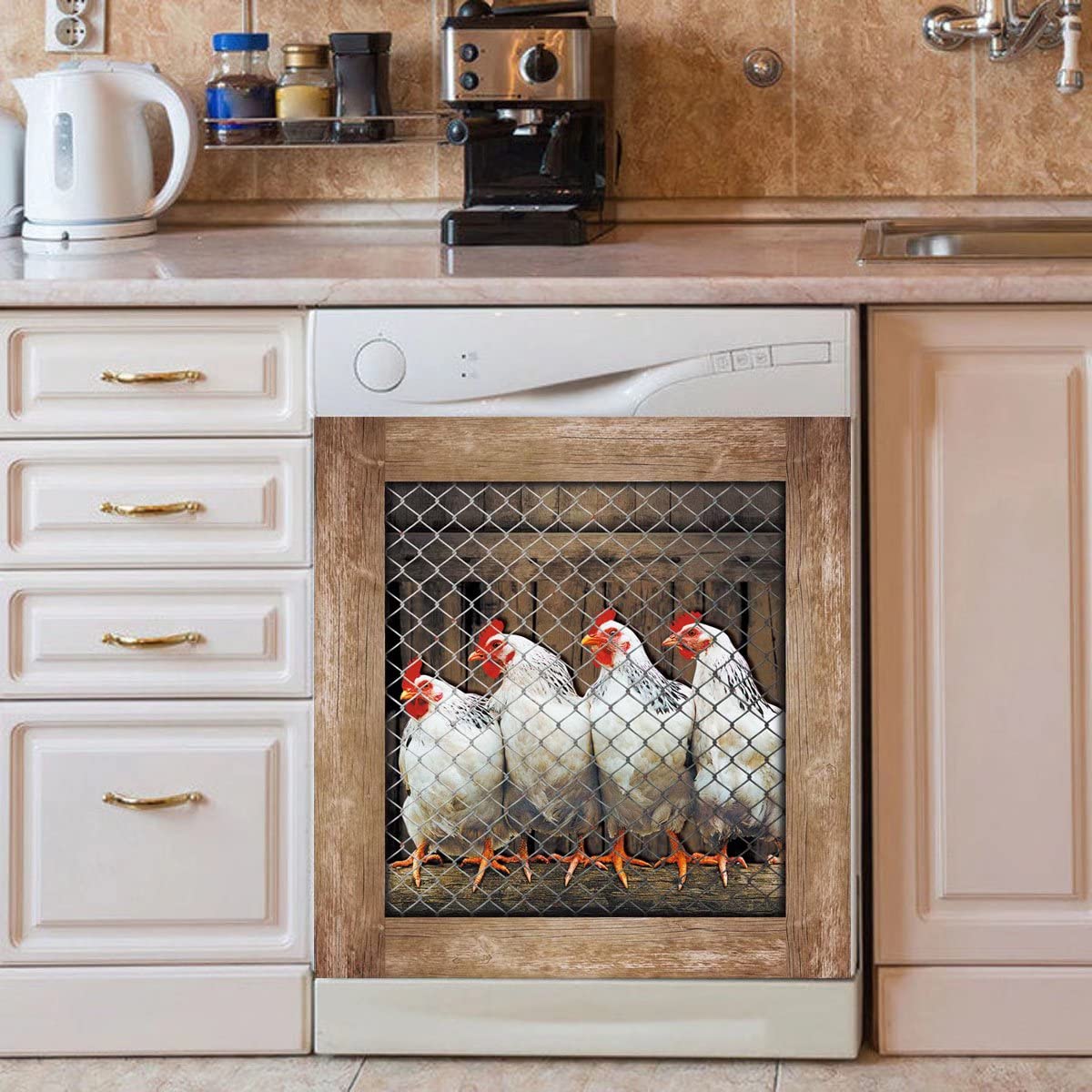Farmhouse Country Rooster Magnetic Dishwasher Cover - Decorative Chicken Fridge Panel Magnet with Wooden Pattern, 23