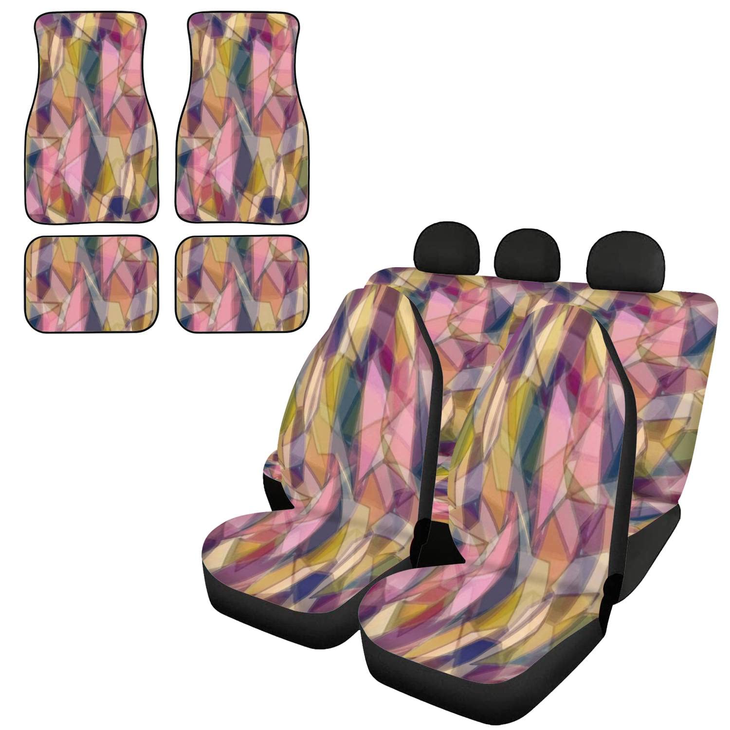 Abstract Color Seamless Universal Car Seat Covers Full Set - 4-Piece Car Floor Mats, Front & Rear Seat Protectors, Headrest Covers for Auto Interior Decoration | Perfect for SUV, Sedan, Truck Vehicle Protection & Style Upgrade