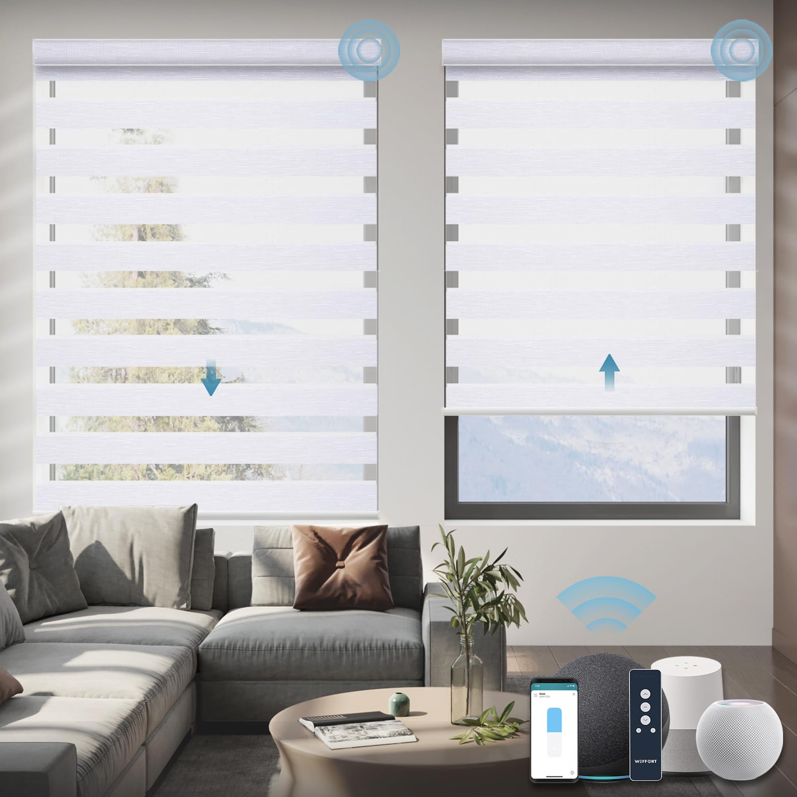 Smart Motorized Blinds for HomeKit, Alexa & Google Home - Electric Polyester Window Shades with Remote Control - Custom Size White Blackout Blinds for Living Room, Bedroom & Home Office