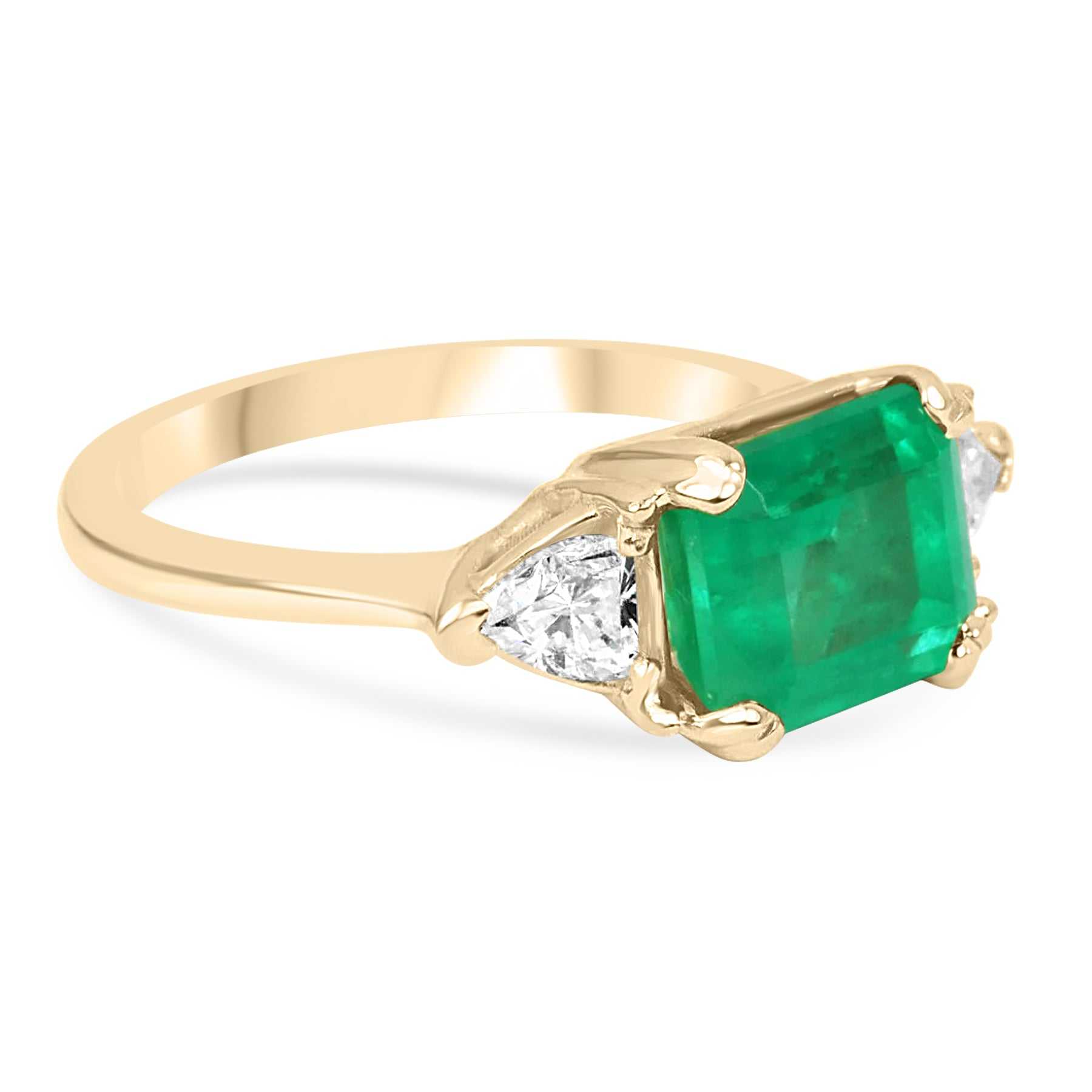 2.50tcw East to West Three Stone Colombian Emerald & Diamond Trillion Cut 18K Gold Ring – Perfect for Engagement, Anniversary & Special Occasions