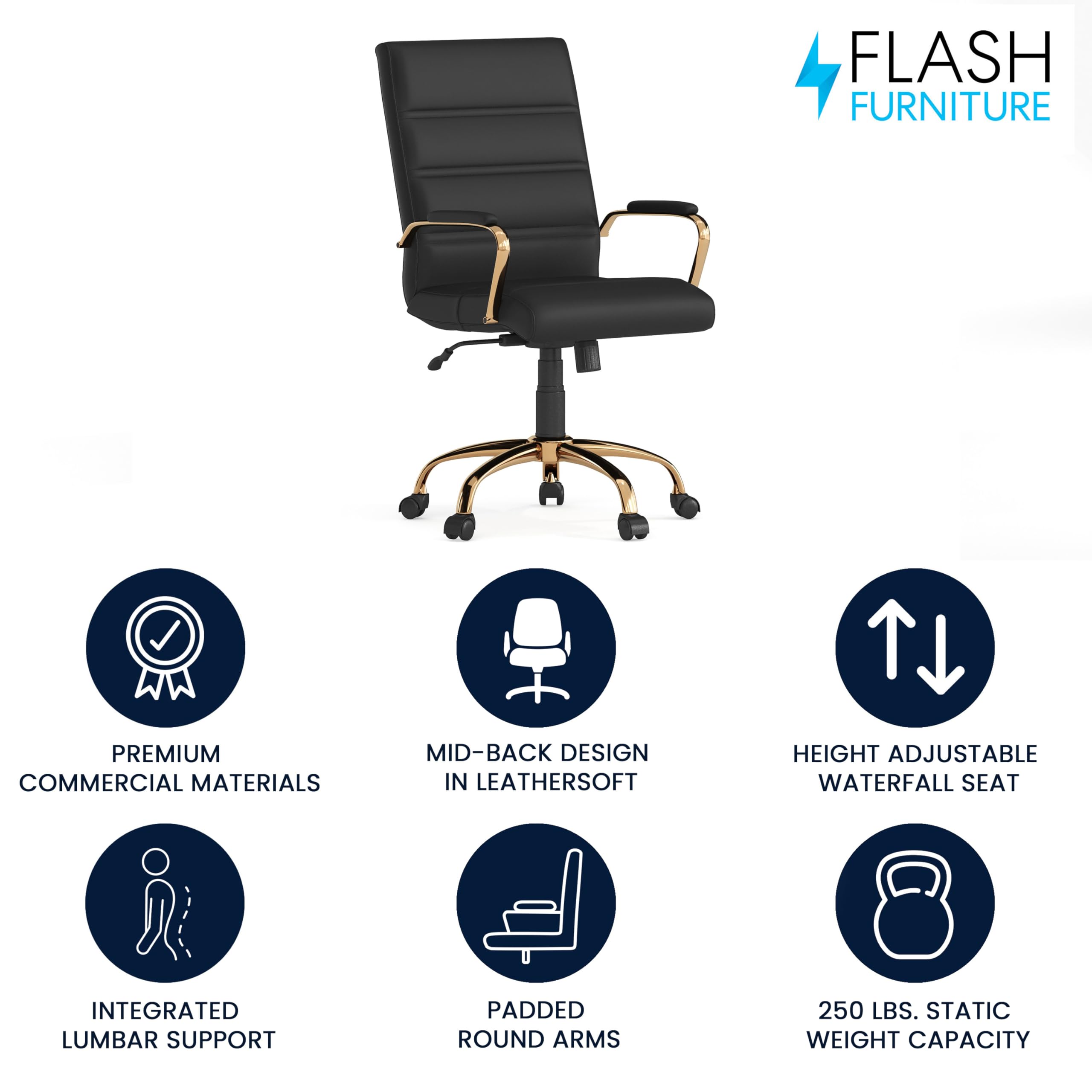 Whitney Mid-Back LeatherSoft Office Chair - Adjustable Height & Armrests for Home/Office