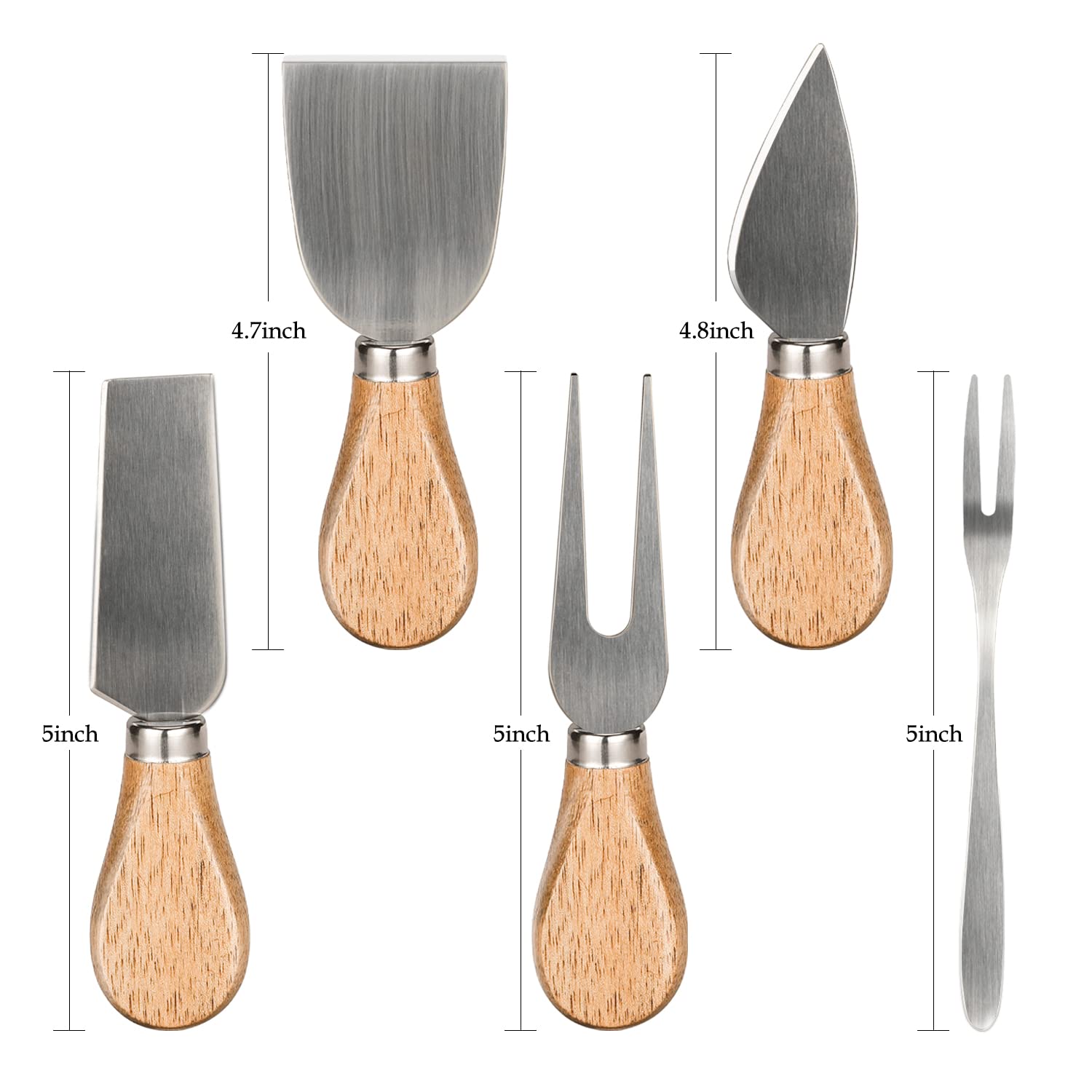 Premium Wooden Handle Cheese Knife Set - 6-Piece Stainless Steel Cheese Slicer, Butter Cutter & Spreader with Fork - Perfect for Charcuterie Boards, Wine Parties & Gourmet Cheese Tasting