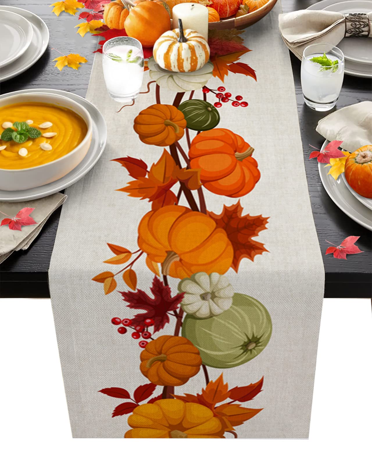 36 Inch Fall Table Runner - Burlap Thanksgiving & Autumn Decor with Pumpkin Maple Leaves Design for Kitchen Dining Coffee Table - Perfect for Family Dinners, Holiday Parties & Seasonal Gatherings (13x36 Inches)