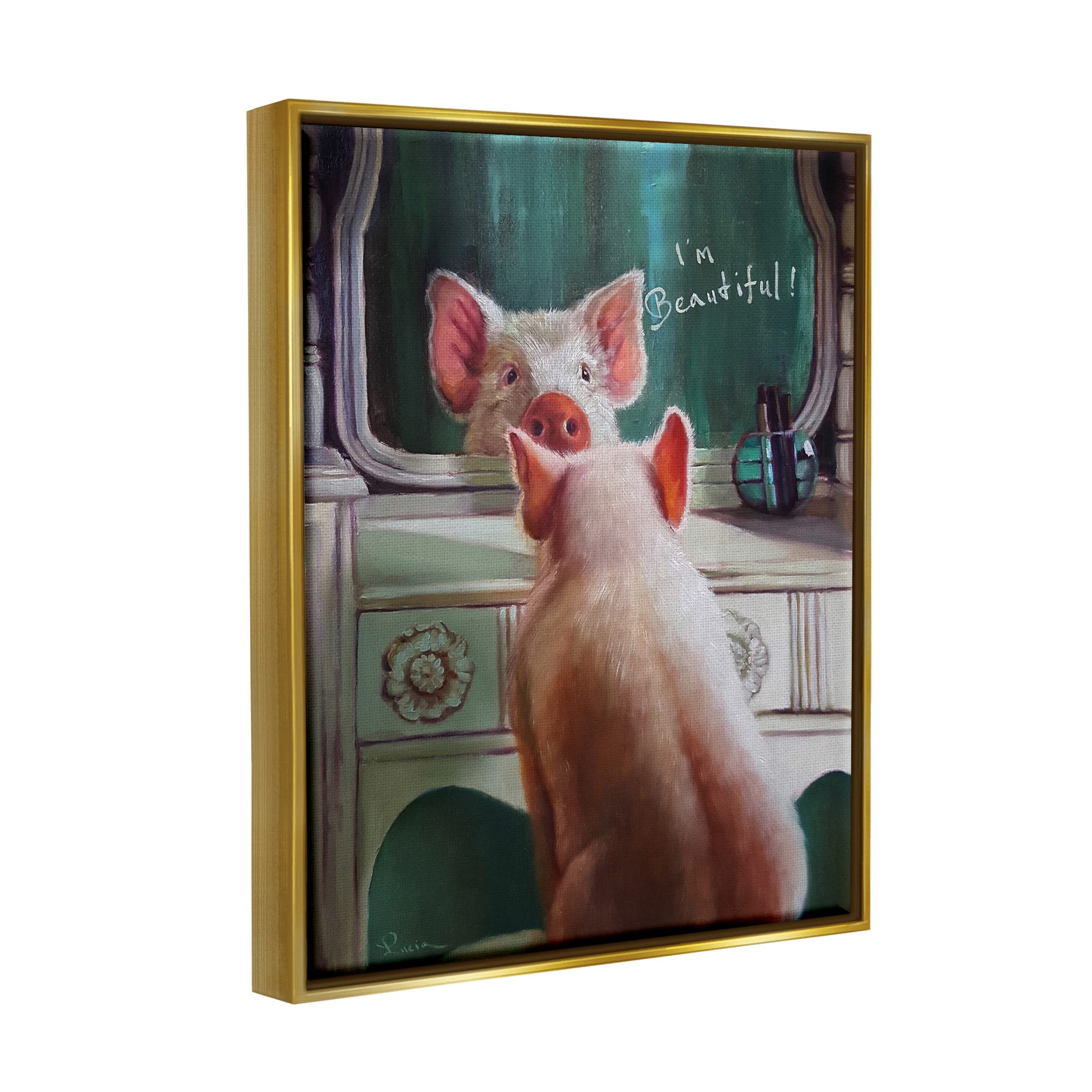 Stupell Industries 'I'm Beautiful' Painted Pig in Mirror Illustration - Framed Wall Art by Lucia Heffernan - Perfect for Nursery, Kids Room & Farmhouse Decor