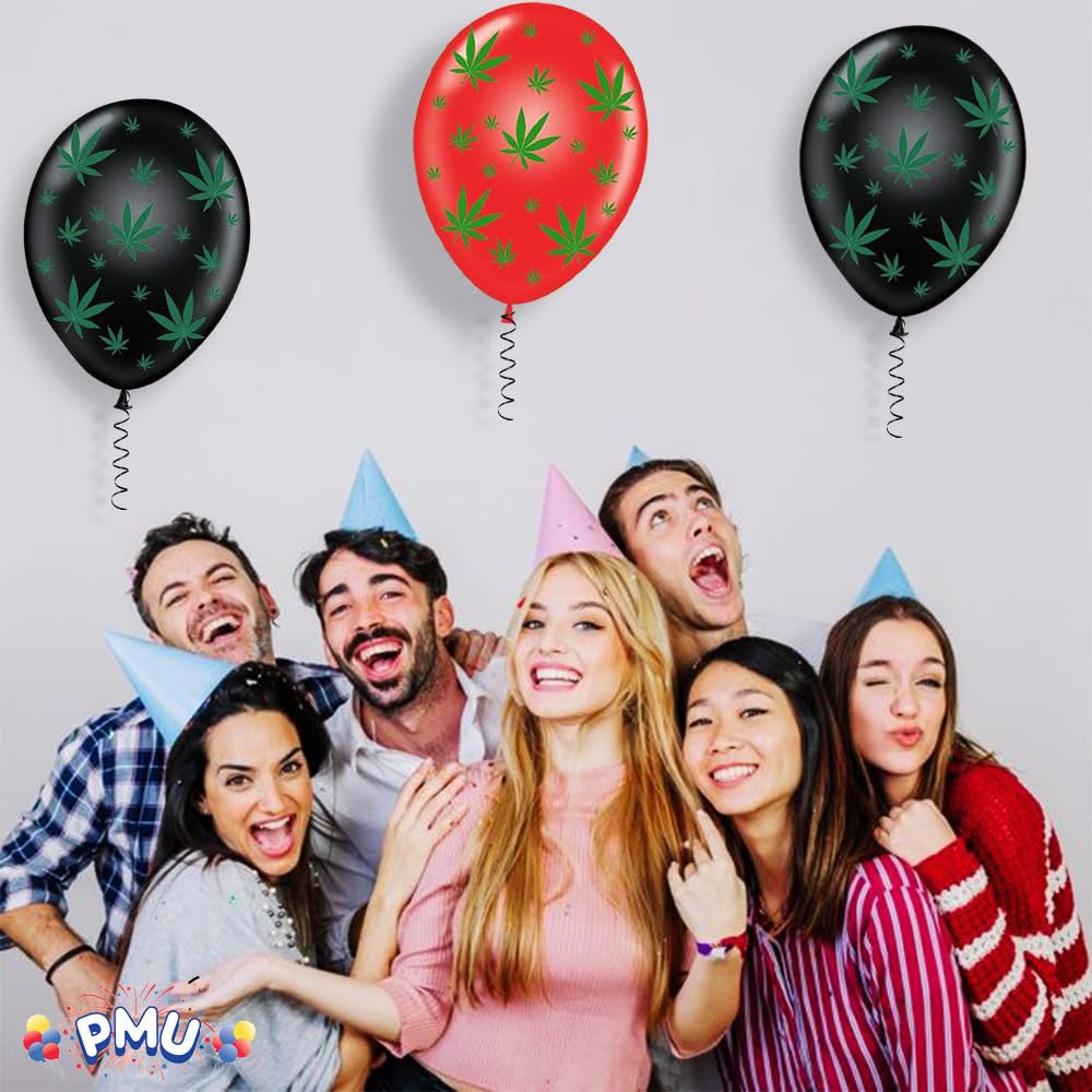 Premium 11in Red & Black Marijuana Balloons with All-Over Green Leaf Print - 50 Pack for Stoner Parties, 420 Celebrations & Cannabis-Themed Events