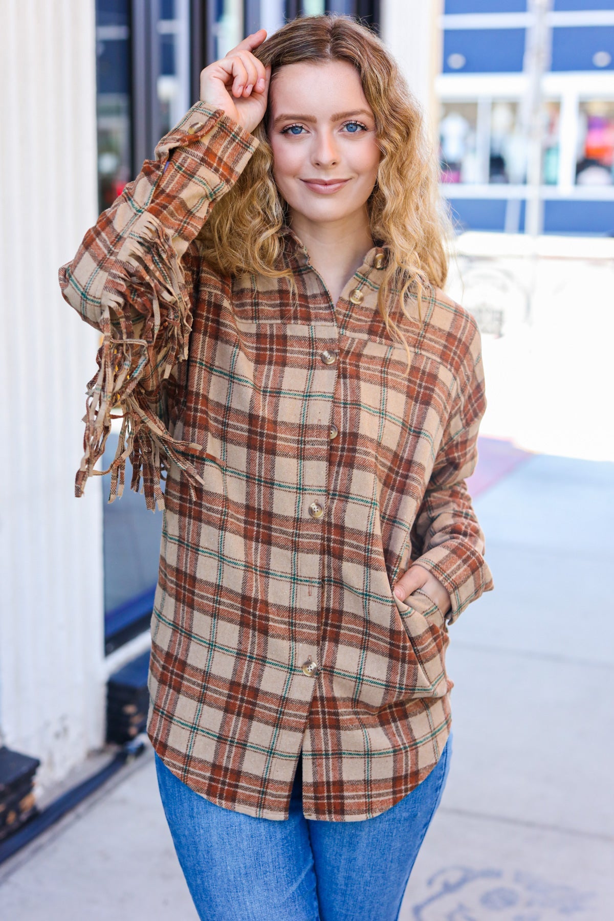 Stylish Taupe & Rust Flannel Plaid Fringe Jacket for Women - Cozy Fall Winter Layering Essential | Perfect for Outdoor Adventures, Casual Outings & Date Nights