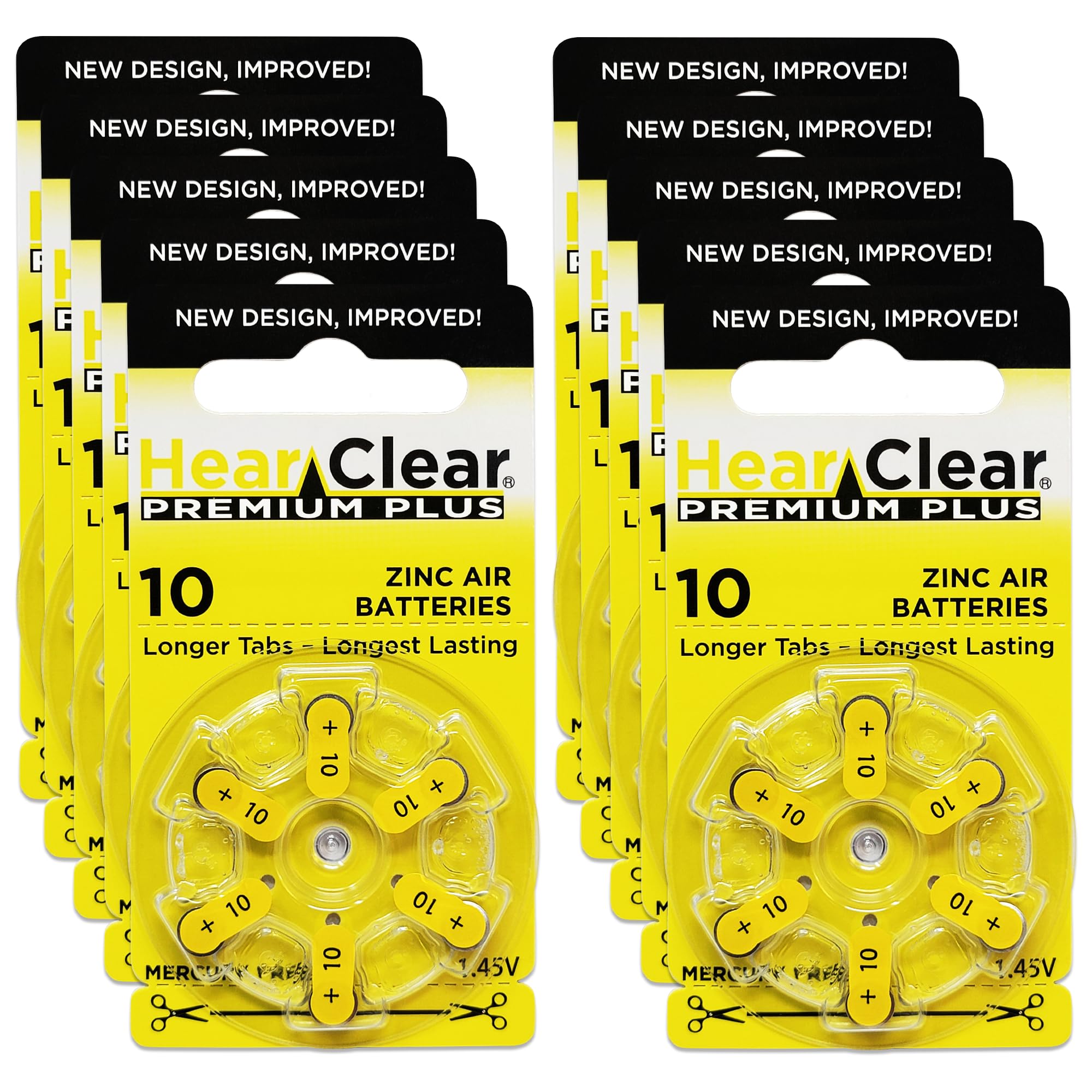 Hearclear PR230 Size 10 1.45V Zinc Air Hearing Aid Batteries with Yellow Tab (60 Count Pack) - Long Lasting Power for Hearing Aids, Cochlear Implants & Assistive Listening Devices