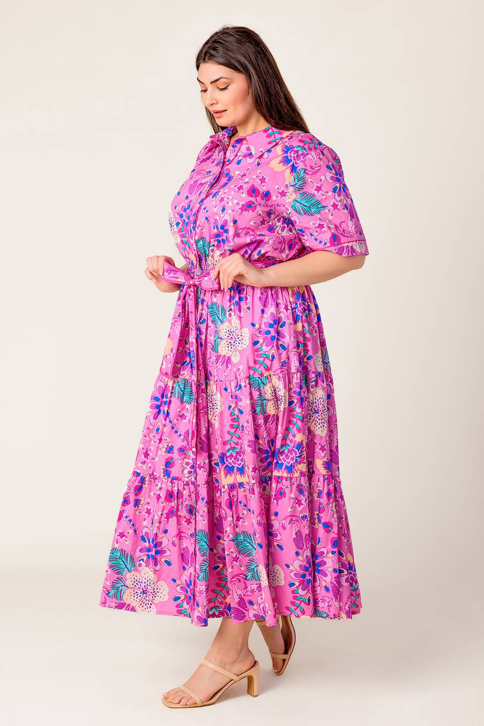 Pink & Purple Floral Midi Dress for Women - Elegant Petal Press Design - Perfect for Spring, Summer, Weddings & Special Occasions