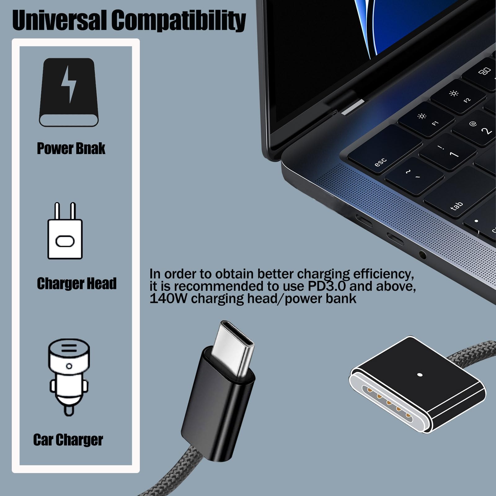 140W USB-C to Magnetic 3-in-1 Charging Cable for MacBook Pro/Air (2021-2023 M1/M2 Chip) - Fast Charging & Data Sync for 14