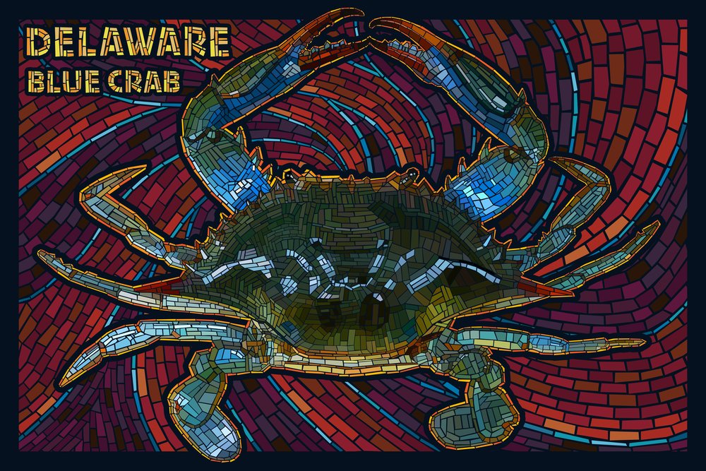 Bethany Beach Delaware Blue Crab Mosaic Art Print - Signed 24x36 Wall Decor Poster - Coastal Home Decor, Beach House Wall Art, Ocean Theme Living Room Decor