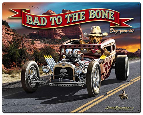 Larry Grossman Bad to The Bone Rat Rod Vintage Metal Sign - American Made Heavy Gauge Steel Wall Decor for Garage, Man Cave & Automotive Workshop