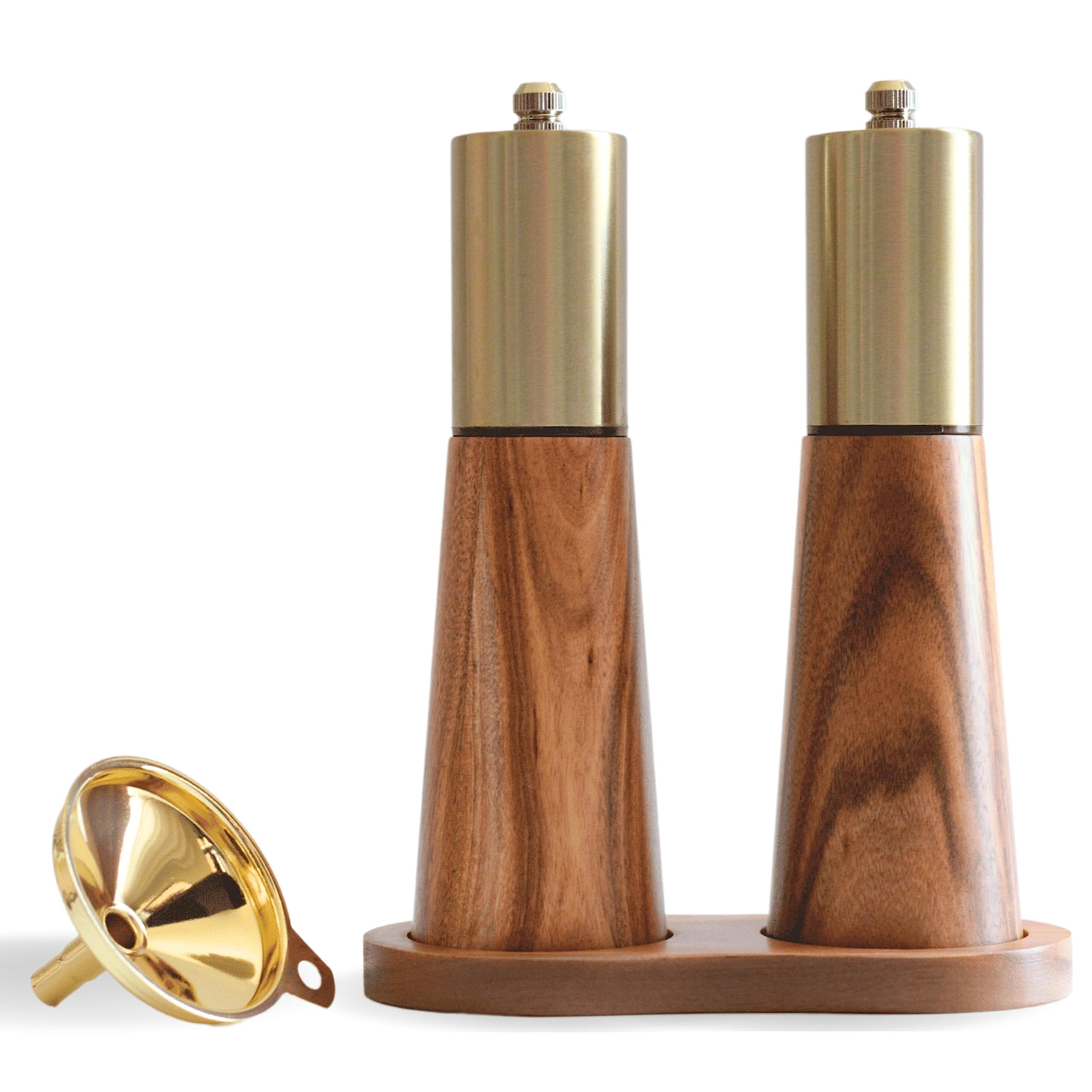 Premium Stainless Steel Manual Salt and Pepper Grinder Set with Wood Base & Free Gold Funnel - Adjustable Coarseness for Perfect Seasoning - Ideal for Kitchen, Dining Table, Restaurant & Home Cooking Gifts