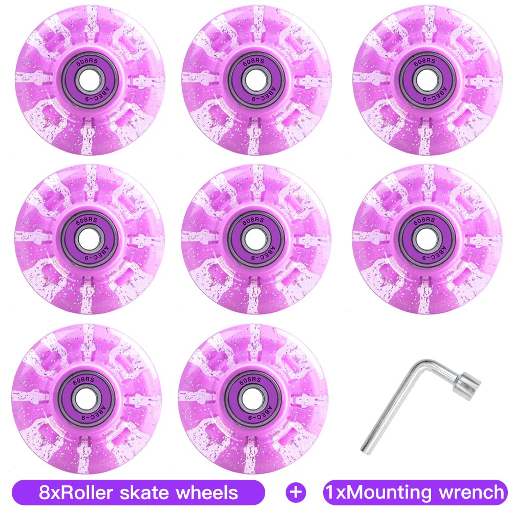 8 Pack 78A LED Light Up Roller Skate Wheels 32x58mm & 36x65mm with Bearings - Indoor/Outdoor Skating Wheels for Roller Skates, Skateboards & Quad Skates - Perfect for Night Skating, Rink & Street Use