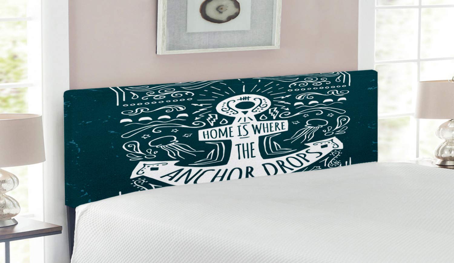 Ambesonne Anchor Upholstered Headboard - Hand Drawn Hipster Anchor Design with Lettering on Grunge Background, Queen Size Memory Foam Bed Headboard in Dark Blue & White | Perfect for Coastal, Nautical or Boho Chic Bedroom Decor
