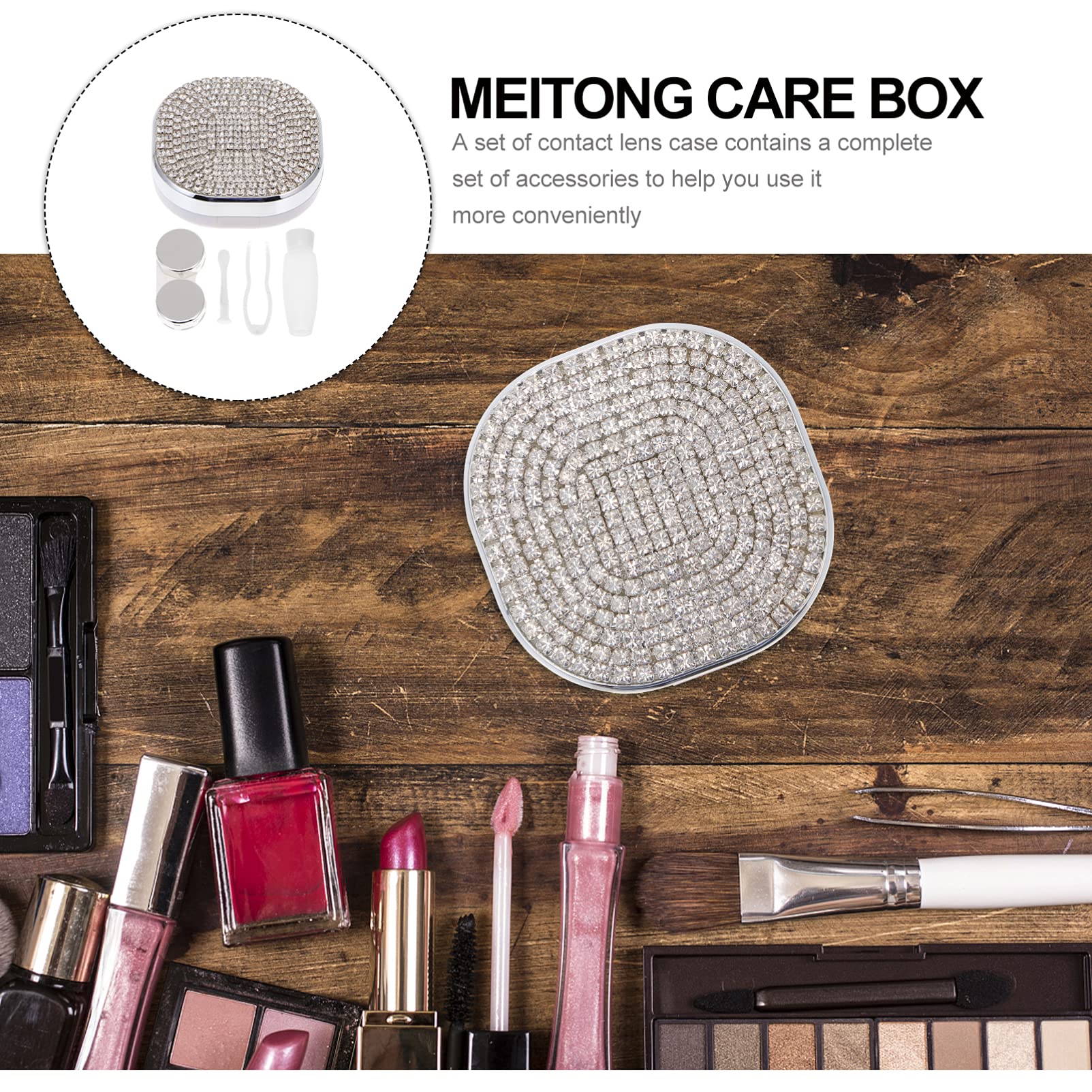 Healifty Rhinestone Contact Lens Case with Mirror & Tweezer - Travel Kit for Eye Care