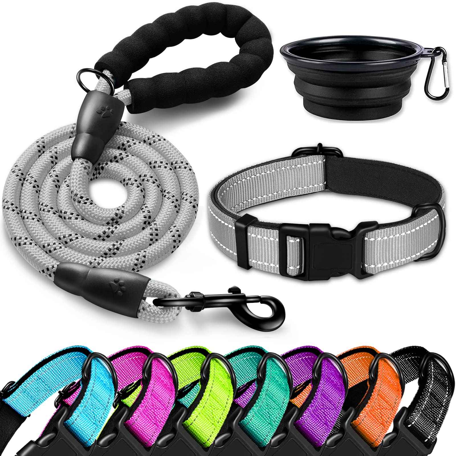 DOYOO Soft Neoprene Padded Reflective Adjustable Dog Collar and Leash Set with Quick Release Buckle for Small Medium Large Dogs - Includes Collapsible Pet Bowl for Walking, Hiking, and Outdoor Adventures