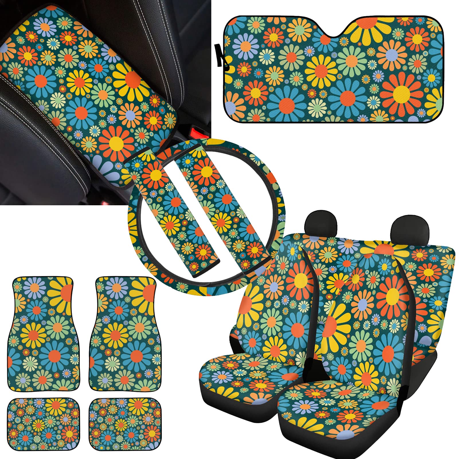 Colorful Abstract Hippie Flower Car Seat Covers Set with Steering Wheel Cover, Seat Belt Pads, Center Console Pads & Floor Mats - Full Interior Protection for Cars, SUVs & Trucks - Perfect for Road Trips, Daily Commutes & Vintage Car Enthusiasts
