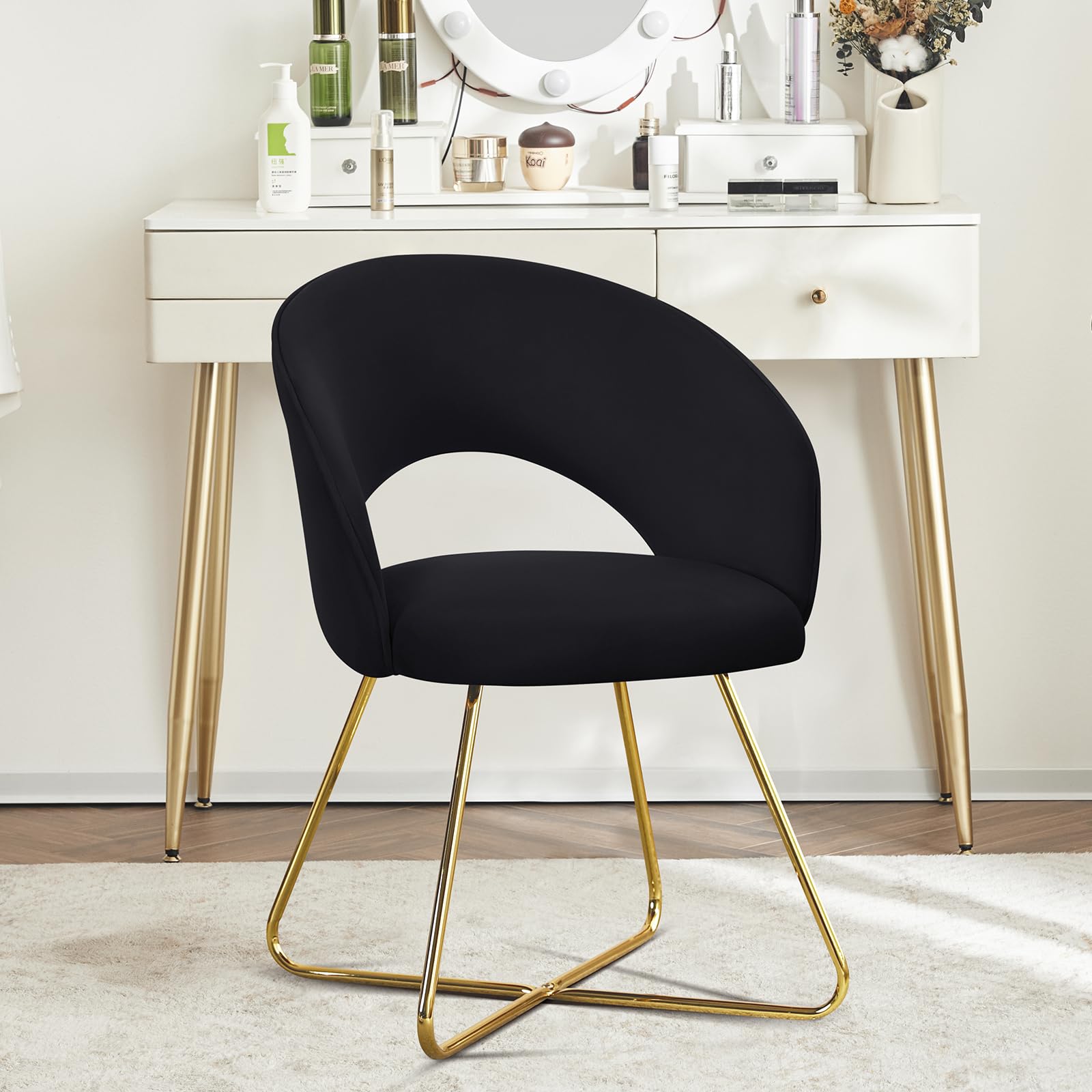Furnimart Modern Velvet Accent Chair - Curved Mid-Back Black Vanity Chair with Gold Plated Legs for Bedroom, Living Room & Dining Room | Luxurious Seating for Home Décor, Makeup Vanity & Relaxation (Black)