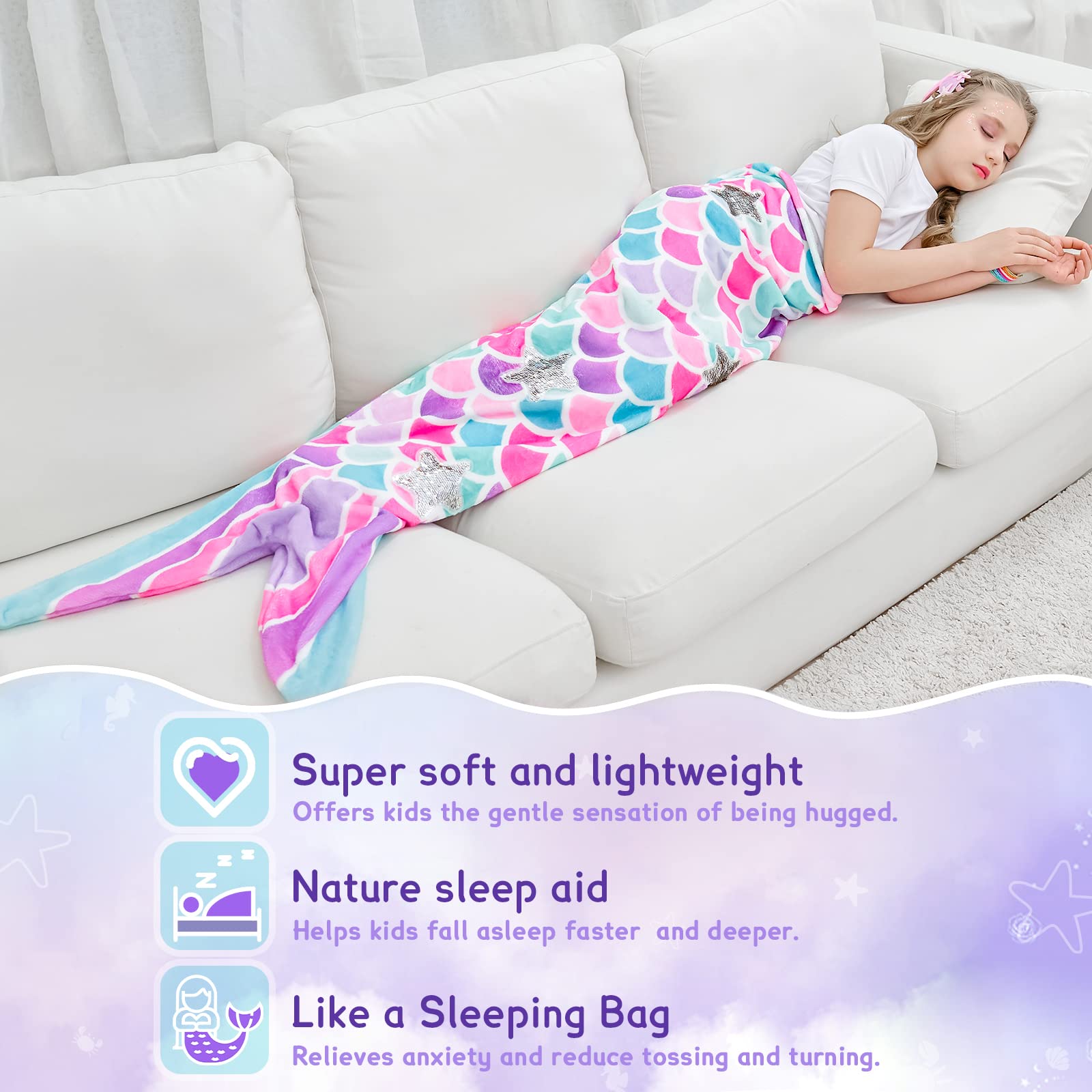 Mermaid Tail Blanket for Girls - Soft Flannel Wearable Blanket with Glitter Stars & Sequin Hairpin Bracelet, 55