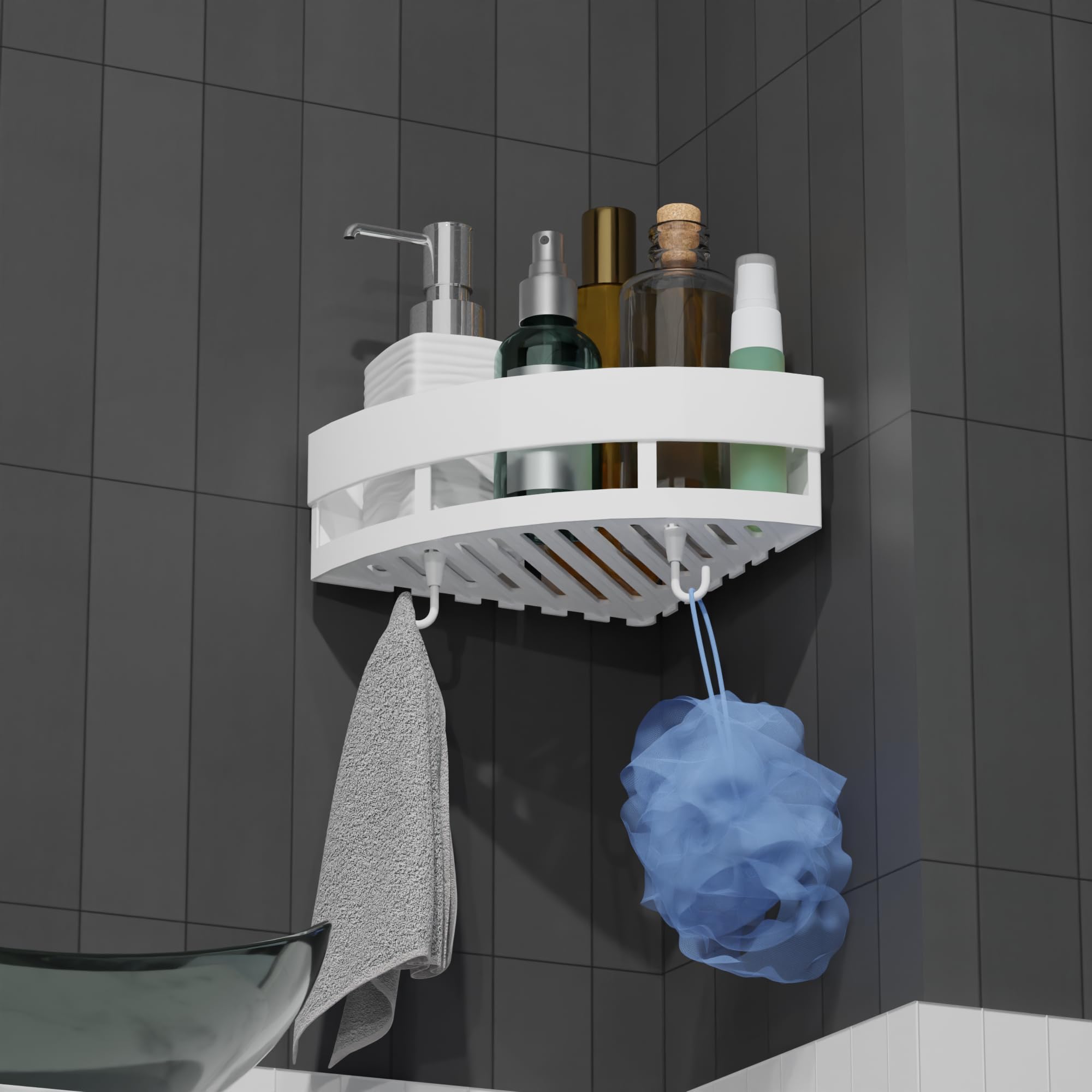Mirramor Wall Mounted Bathroom Shelf with Hooks - Rustproof Stainless Steel Bathroom Organizer for Shower, Toilet & Kitchen Storage - Perfect for Towels, Toiletries & Small Essentials