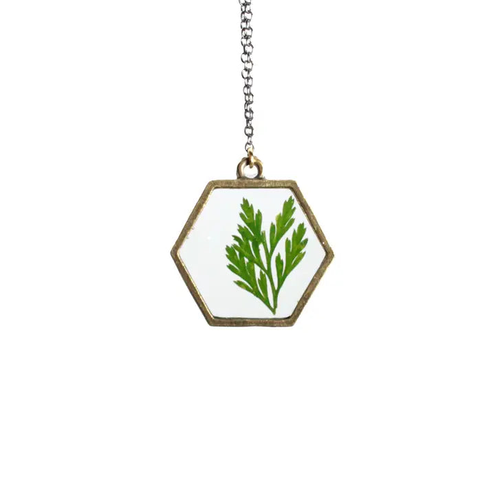 With Roots Eco-Friendly Resin Hexagon Pendant Necklace (Gold, Fern) - Perfect for Nature Lovers & Boho Fashion