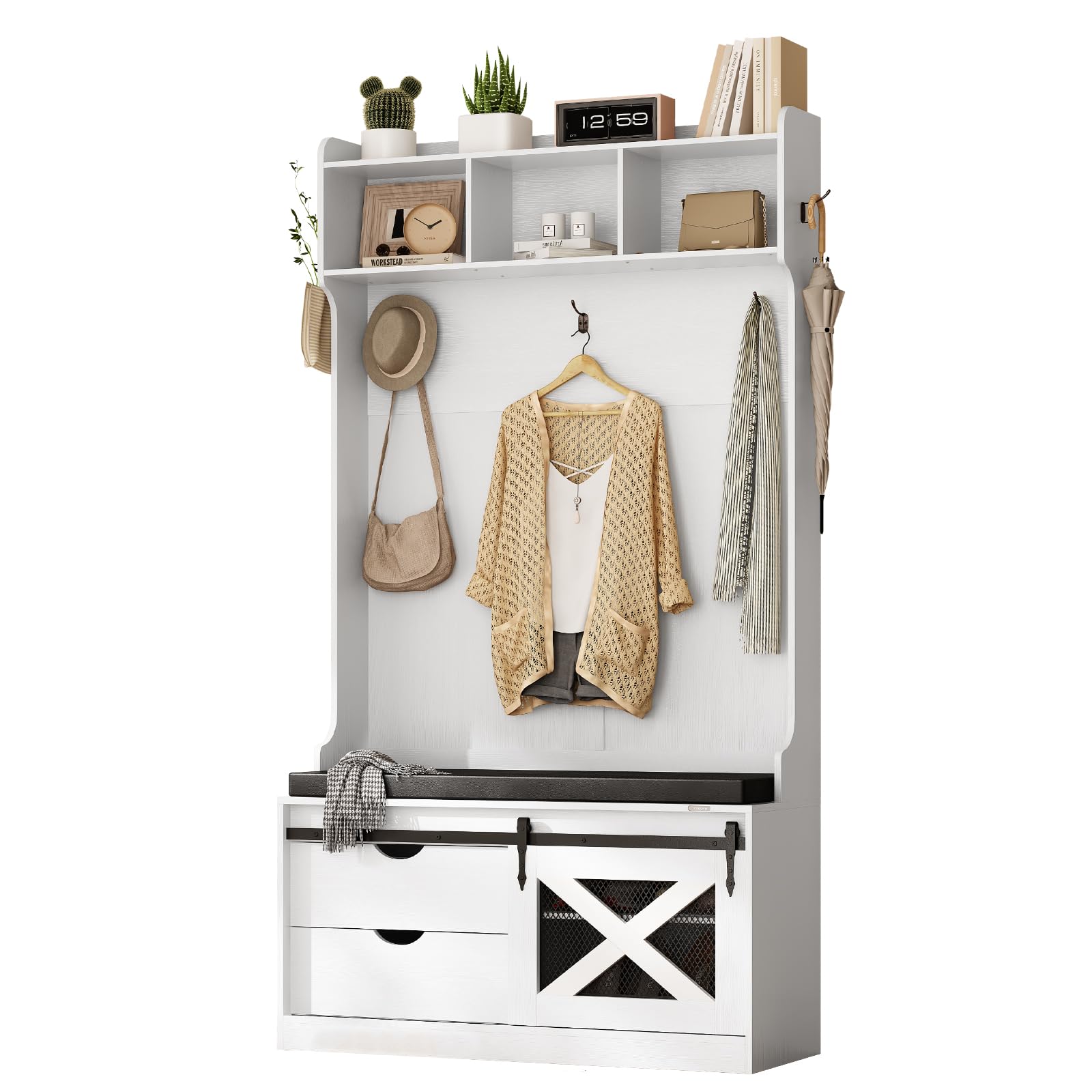 Redlife Hall Tree with Storage Bench - 6-in-1 Farmhouse Entryway Organizer with Coat Rack & Shoe Storage | Perfect for Hallway, Mudroom, Foyer & Home Entryway Organization