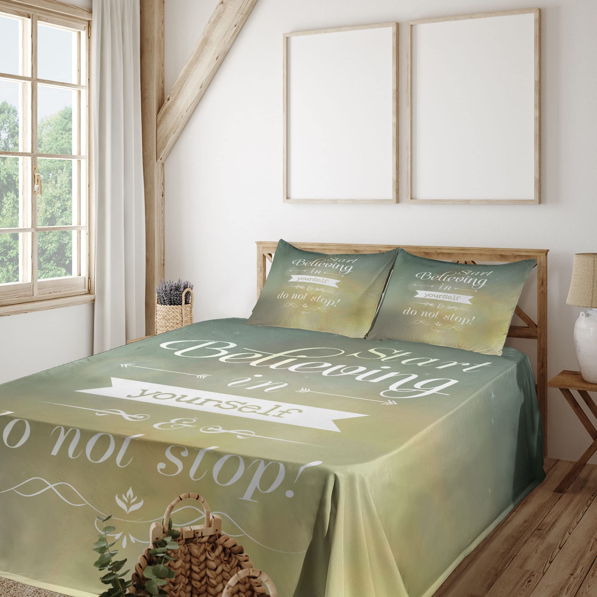 Ambesonne Motivational Sheet Set - 'Start Believing in Yourself' Typographic Design, 4-Piece King Size Bedding Set with Fitted Sheet, Flat Sheet & Pillowcases in Teal & Yellow - Perfect for Home Decor, Guest Rooms & Inspirational Bedroom Makeovers
