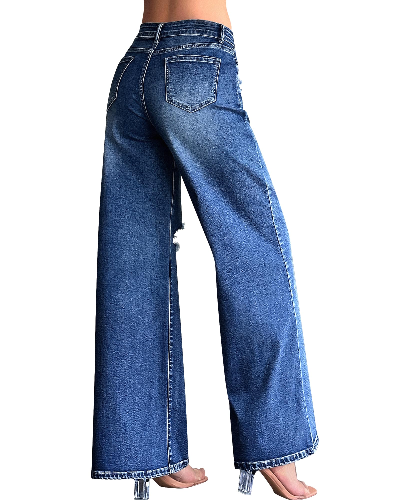 Roswear Women's Baggy Wide Leg Boyfriend Jeans - High Waisted Stretchy Ripped Denim Pants for Casual Outfits & Streetwear Fashion