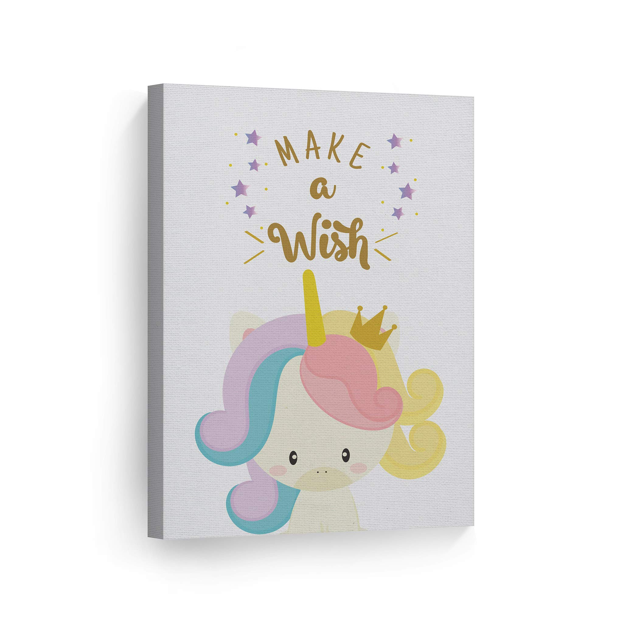 Smile Art Design Cute Unicorn Wall Art Canvas Print - 12x8 Inches, Ready to Hang, Made in USA - Inspirational 'Make a Wish' Quote for Kids Room, Nursery & Baby Room Decor - Perfect Gift for Unicorn Lovers & Birthday Presents