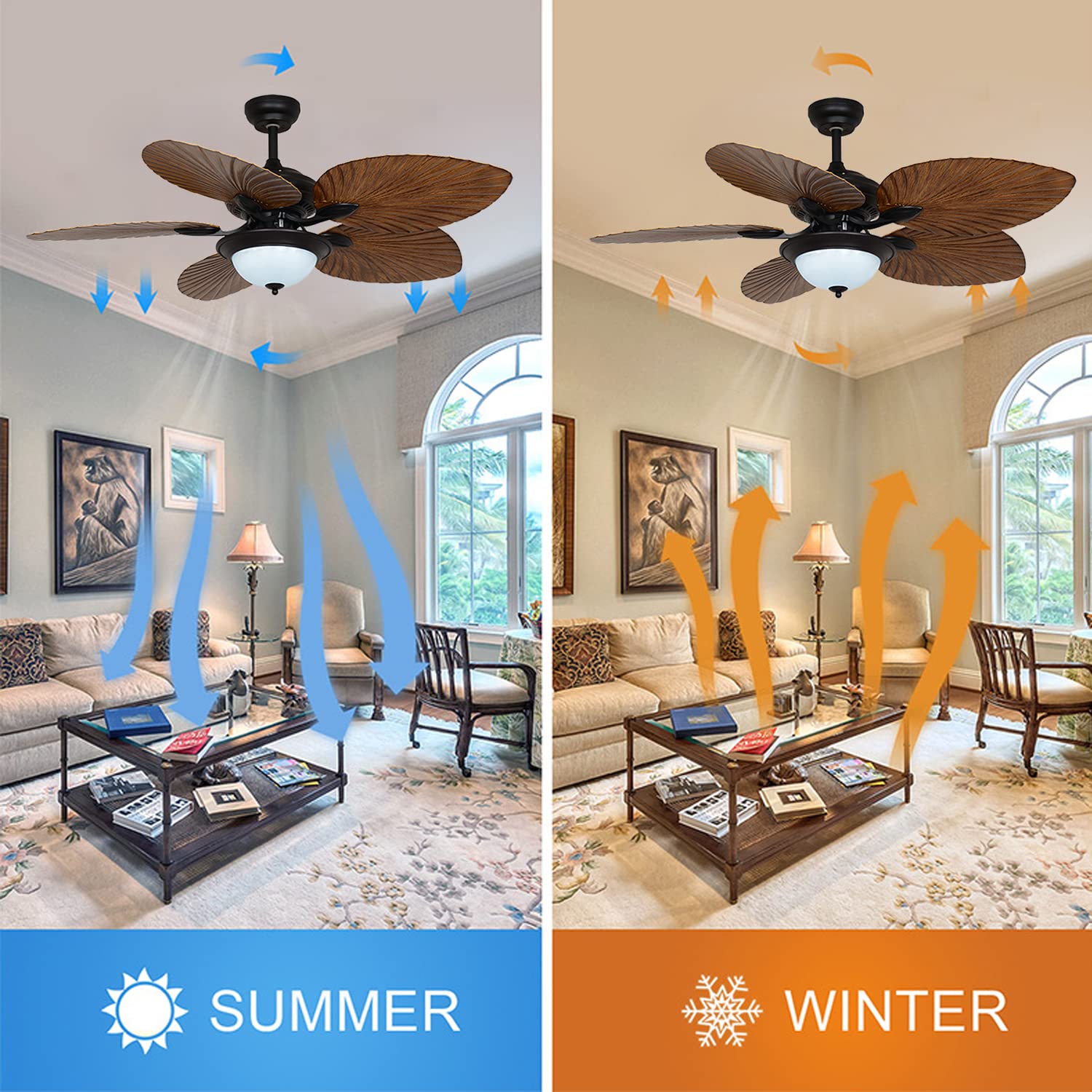 52 Inch Tropical Ceiling Fan with Light and Remote Control - Palm Leaf Chandelier Style Farmhouse Fan for Indoor/Outdoor Use - Perfect for Bedroom, Kitchen, Living Room and Patio Cooling