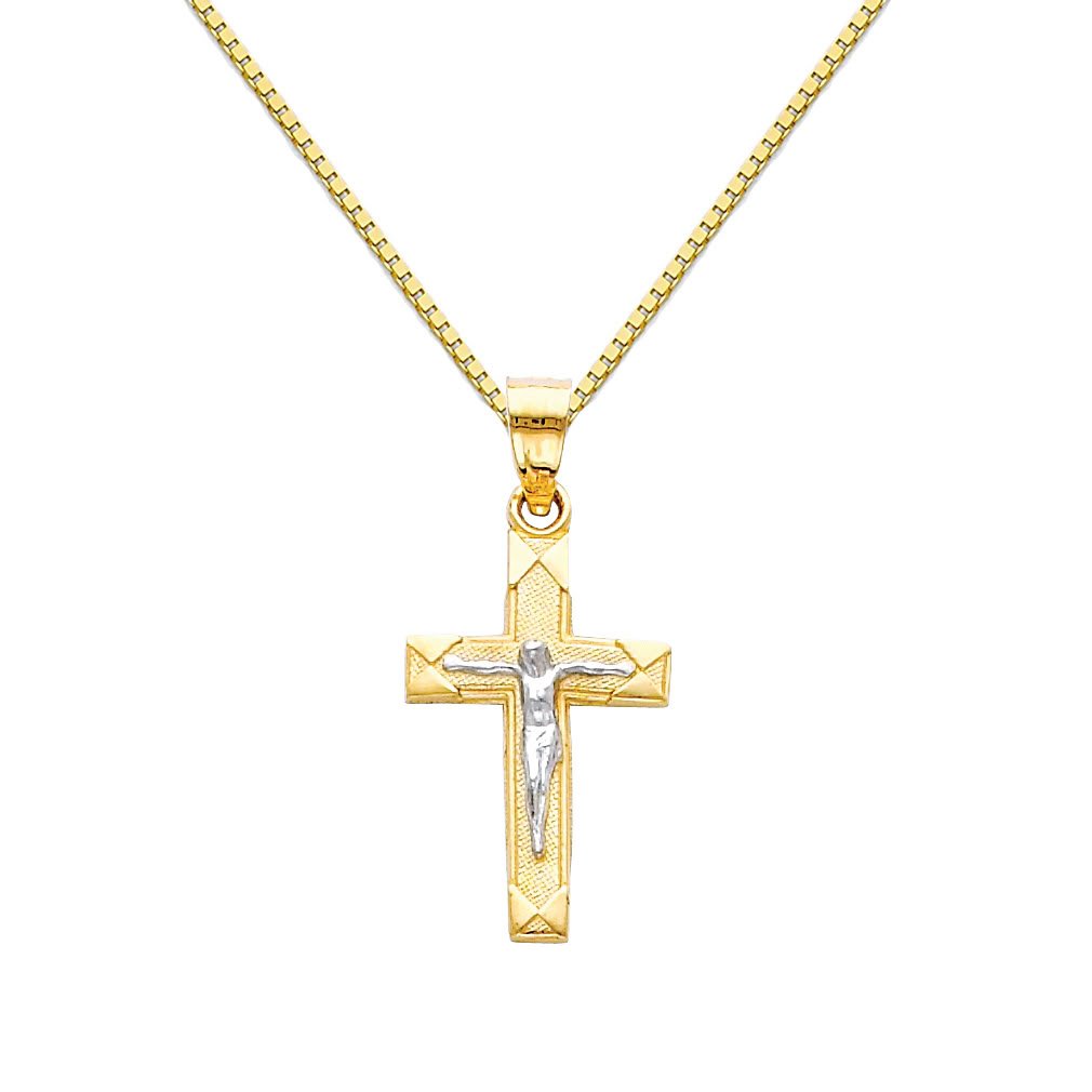 14K Two Tone Gold Jesus Cross Religious Charm Pendant with 0.8mm Box Link Chain Necklace - Perfect for Baptism, First Communion, Confirmation & Everyday Faith Jewelry