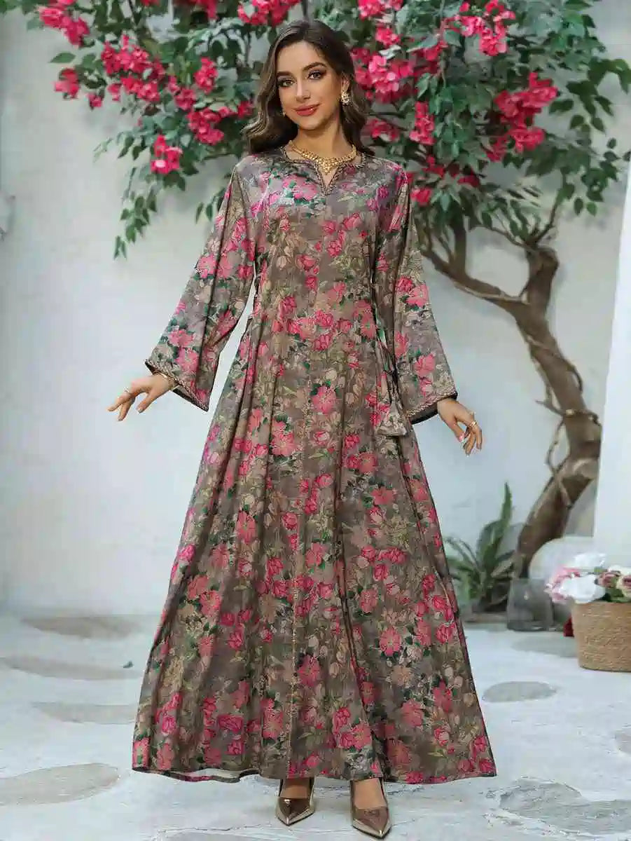 Elegant Eid Printed Hotfix Rhinestone Caftan Dress for Women - Perfect for Celebrations, Parties & Special Occasions | Stunning Embellished Kaftan for Festive Events & Holiday Gatherings